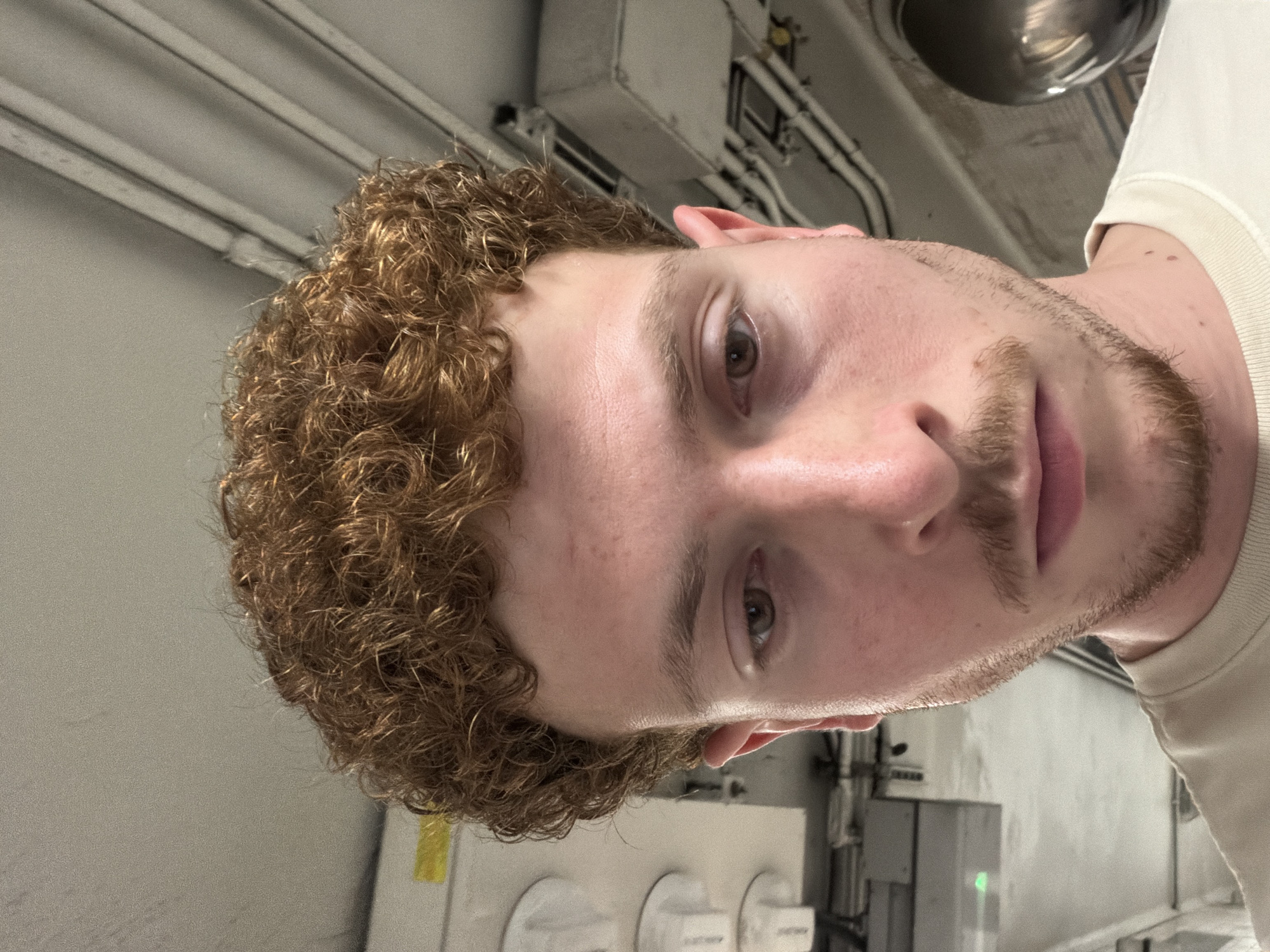 A close-up, portrait-style photograph shows a person with light skin, curly light brown hair, and a trimmed brown beard. The person is wearing a light-colored shirt. The background is an industrial setting with exposed pipes and equipment. There are white cylindrical objects and a gray box visible. The image is taken at an unusual angle, making it difficult to determine the exact location in New York City without further contextual clues.