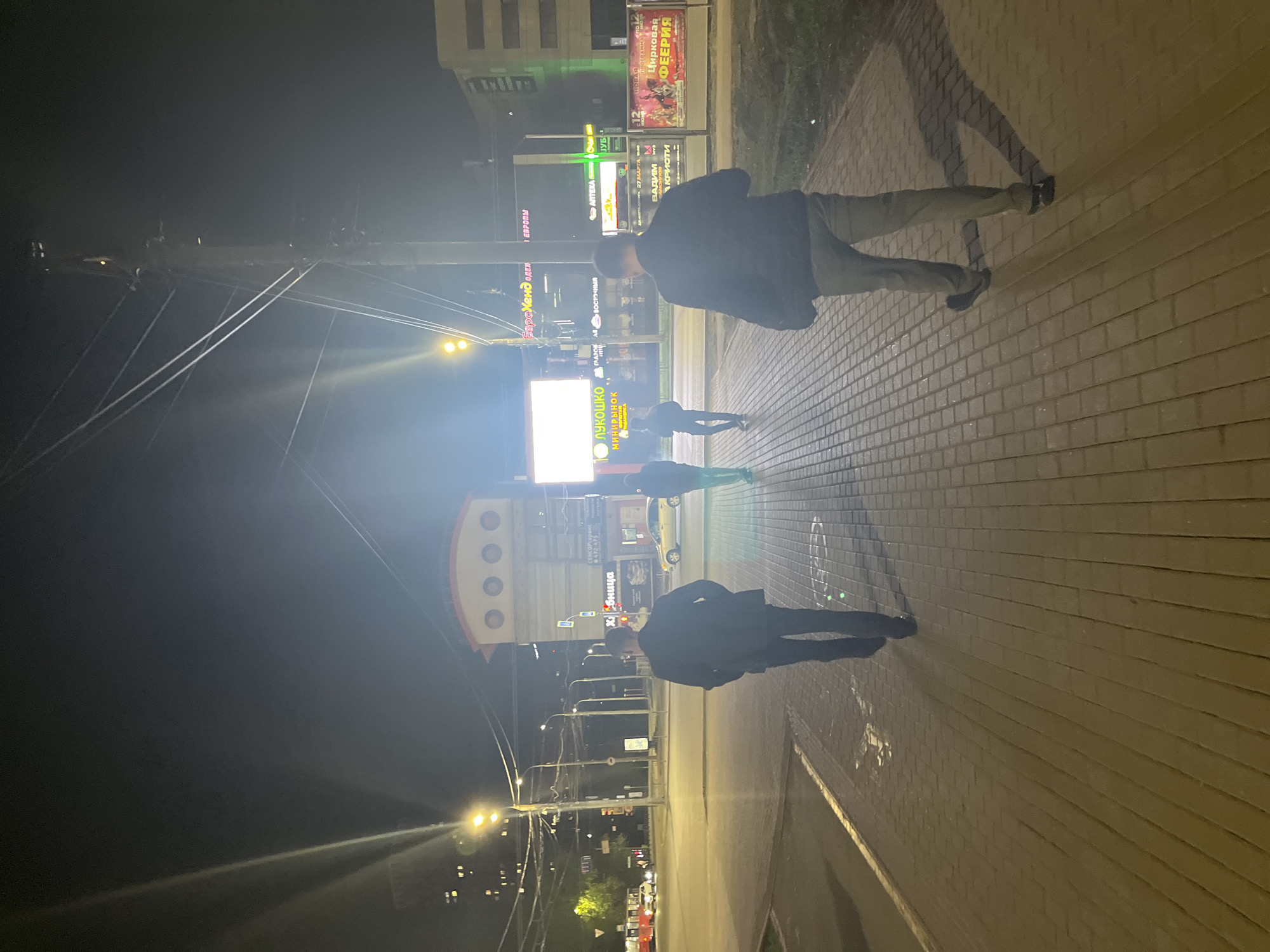 The image shows a nighttime street scene in Izhevsk, Russia. Several people are walking on a brick-paved sidewalk. There are storefronts and advertising signs visible in the background, illuminated by streetlights. Notable signs include "ЕвроХенд оден в ЕВРОПМ", "ЛУКОШКО МИНИРЫНОК", "АПТЕКА", and a circus advertisement "Цирковая ФЕЕРИЯ". Power lines are visible overhead.