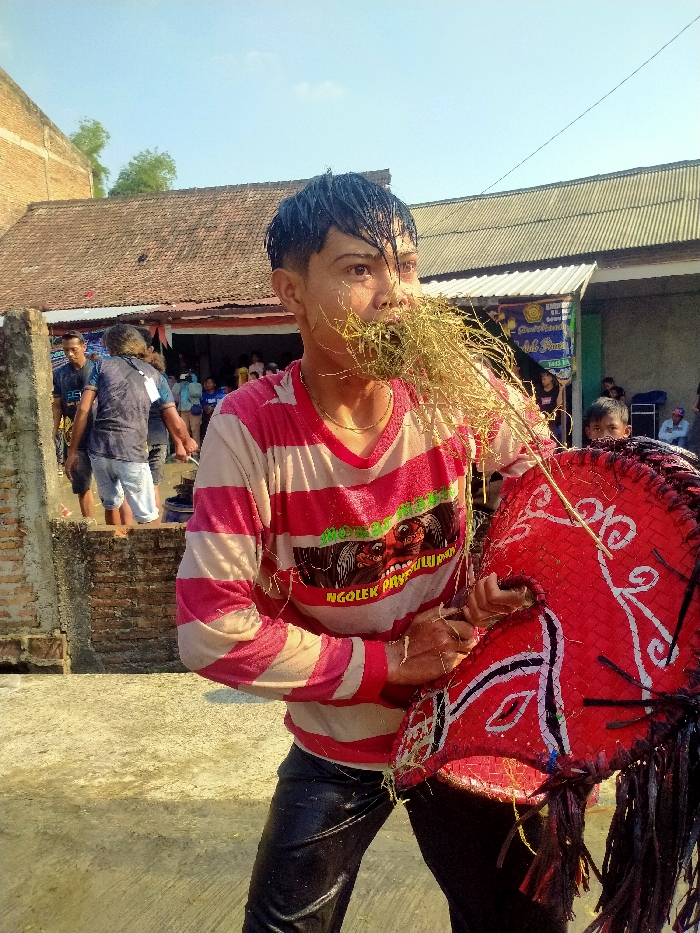 This outdoor image from Sepat, Indonesia, depicts a male participant engaged in what appears to be a Kuda Lumping performance. The central figure, an adult male, is positioned in the foreground, facing slightly right, with a large quantity of dried grass or hay protruding from his mouth. His black hair, red and off-white striped long-sleeved shirt with a graphic, and dark trousers are visibly wet. He is holding a red, woven Kuda Lumping horse prop, detailed with black and white paint and a black fringe mane. The ground beneath him is a light-colored concrete surface. In the background, blurred individuals are visible, some standing on a raised brick platform. Behind them are several single-story buildings, one with a terracotta tile roof and another with a corrugated metal roof, consistent with an Indonesian village setting. A blue banner is affixed to one of the background structures, all under a clear blue sky.