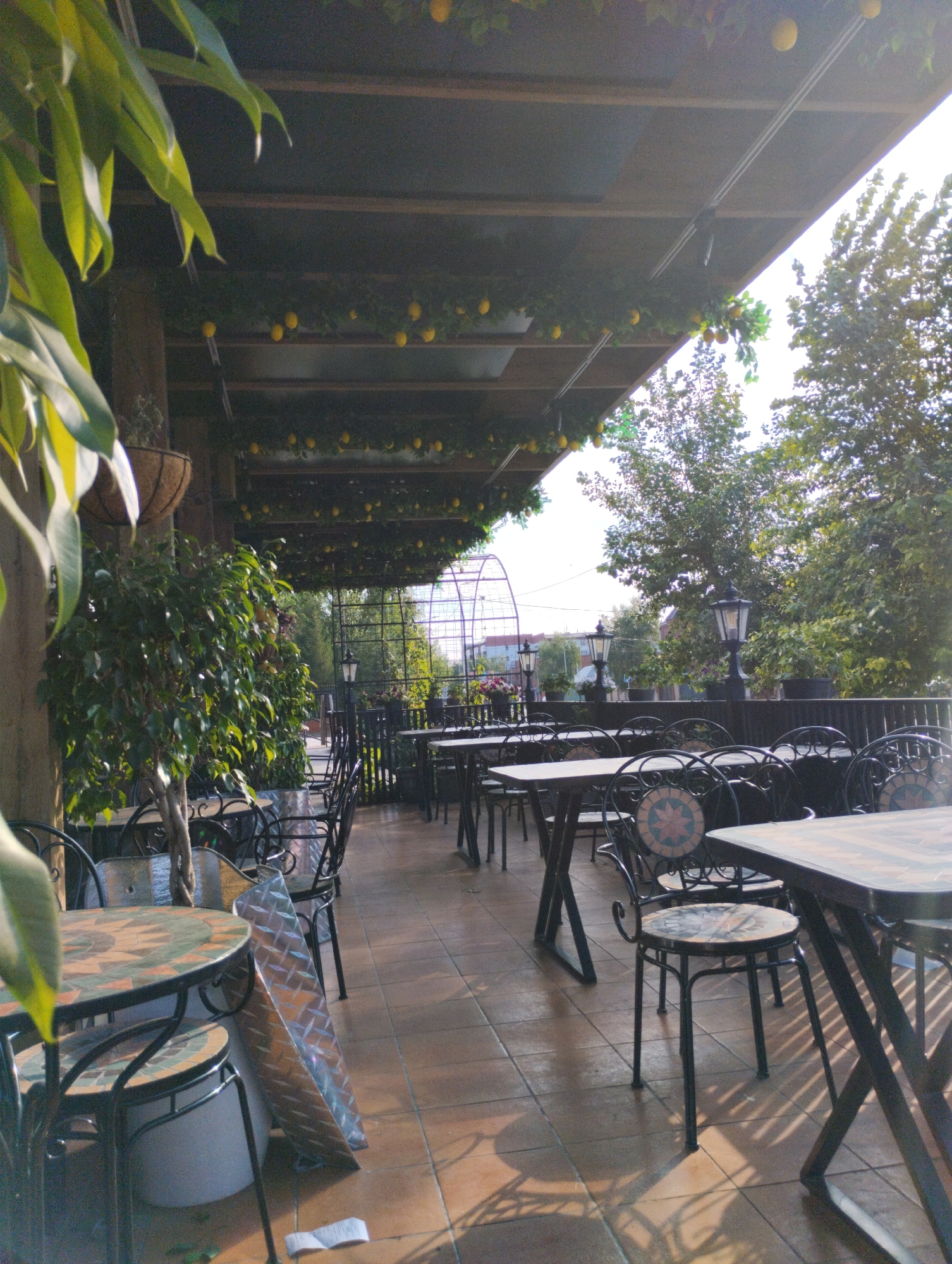 The image depicts an outdoor seating area, likely a cafe or restaurant terrace, bathed in natural daylight with dappled shadows cast by the overhead structure and foliage. The terrace floor is tiled in a warm, terracotta color. Rows of dark metal tables and chairs with decorative mosaic patterns are arranged across the space.
The area is covered by a wooden roof structure, adorned with artificial lemon garlands and greenery. Large, leafy green plants, one of which appears to be a ficus tree, are positioned on the left side of the frame, contributing to the lush, garden-like atmosphere. In the background, mature trees are visible, along with architectural elements such as a decorative metal archway. Several outdoor lanterns are also present, mounted on posts.
The scene suggests a peaceful, potentially daytime setting for dining or relaxation. The image does not contain any people. The location is identified as Kostanay, Kazakhstan.