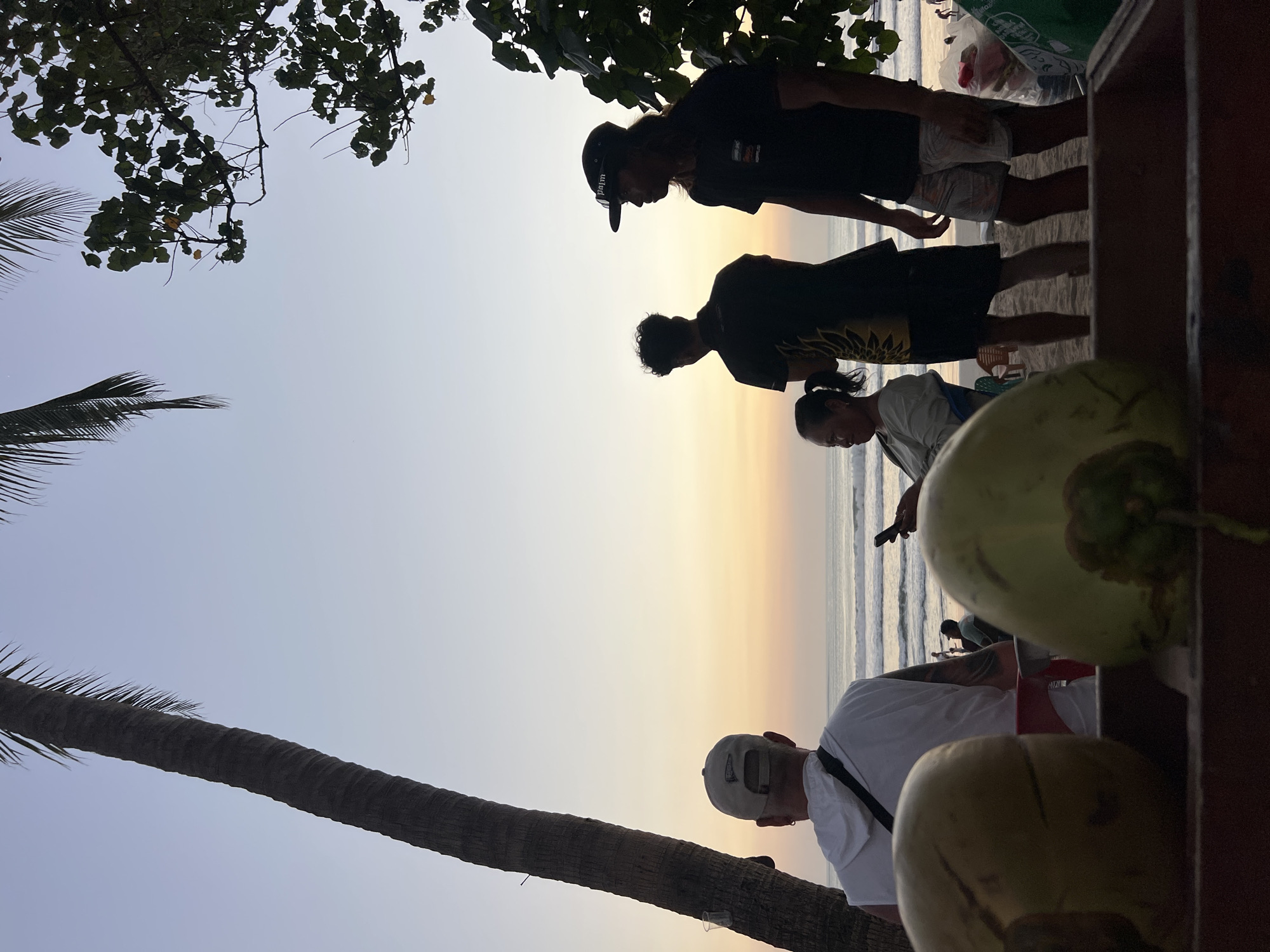 In Kuta, Indonesia, at dusk, a group of people gathers near the beach. In the foreground, two coconuts are visible on a surface that appears to be a cart. Behind them, a man with a backward baseball cap and a white hoodie is looking out at the ocean. Further back, a woman is seated, looking at her phone, and two men stand beside her, silhouetted against the setting sun. The ocean stretches to the horizon, with gentle waves rolling onto the sandy shore. Palm trees frame the scene, with one large trunk dominating the left side of the image and foliage from another tree on the right. The sky is a gradient of pale blue to warm orange, indicating the transition from day to night.