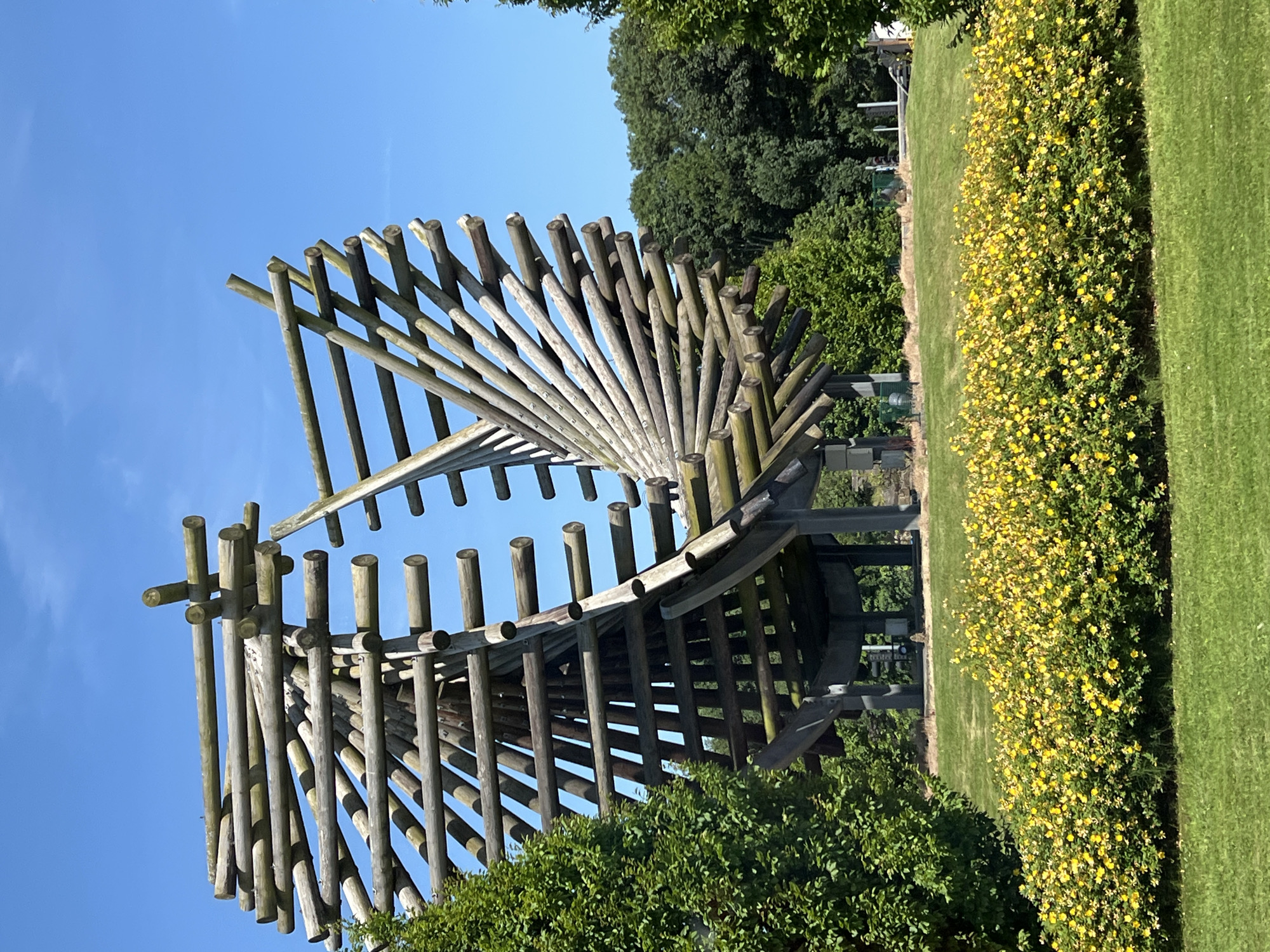 The image displays a large, abstract wooden sculpture in a park setting under a clear blue sky. The sculpture is constructed from numerous wooden logs arranged in a curved, spiral-like formation, supported by concrete pillars. In the foreground, a vibrant bed of yellow flowers borders a lush green lawn. To the left and right of the sculpture, mature green trees provide a natural backdrop. In the distance, more trees form a dense woodland. The overall scene suggests a public park or garden area. The sculpture is the "The Eye" sculpture by artist Michael Sandle, located in the Town Park of Letterkenny, Ireland. There are no people or animals visible in the image.
