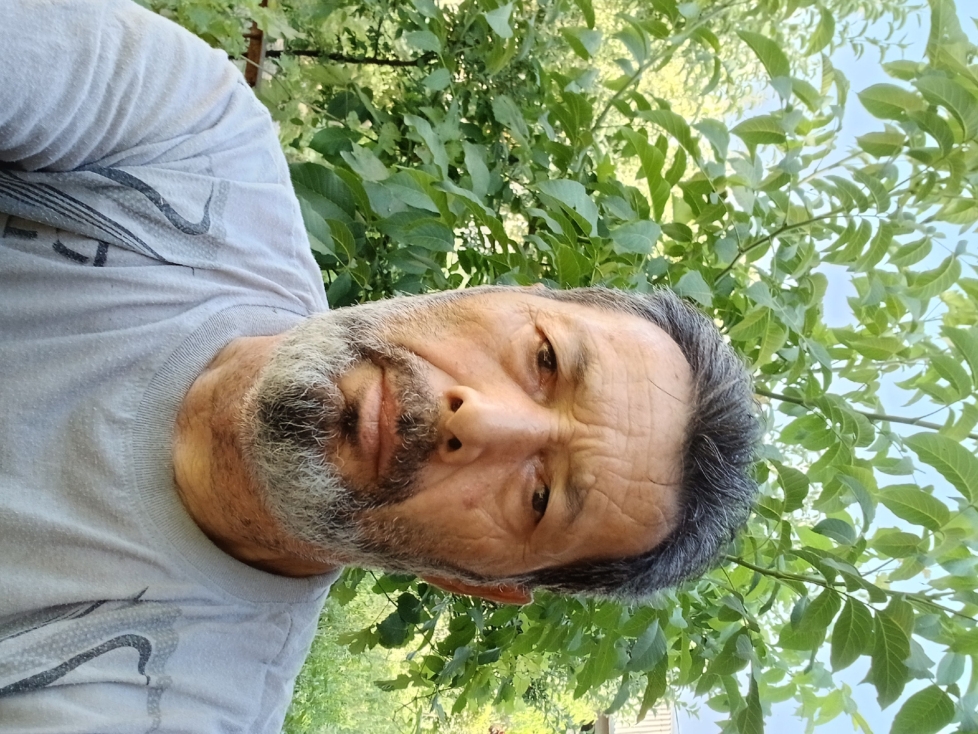 A medium shot shows a man with graying hair and a beard looking directly at the camera. He is wearing a light gray t-shirt with a dark graphic design on the chest. The man is outdoors, with lush green foliage and trees in the background. The lighting suggests it is daytime, with natural sunlight illuminating the scene. The image appears to be a selfie, taken from a slightly low angle. The location is described as Ghusar, Tajikistan.