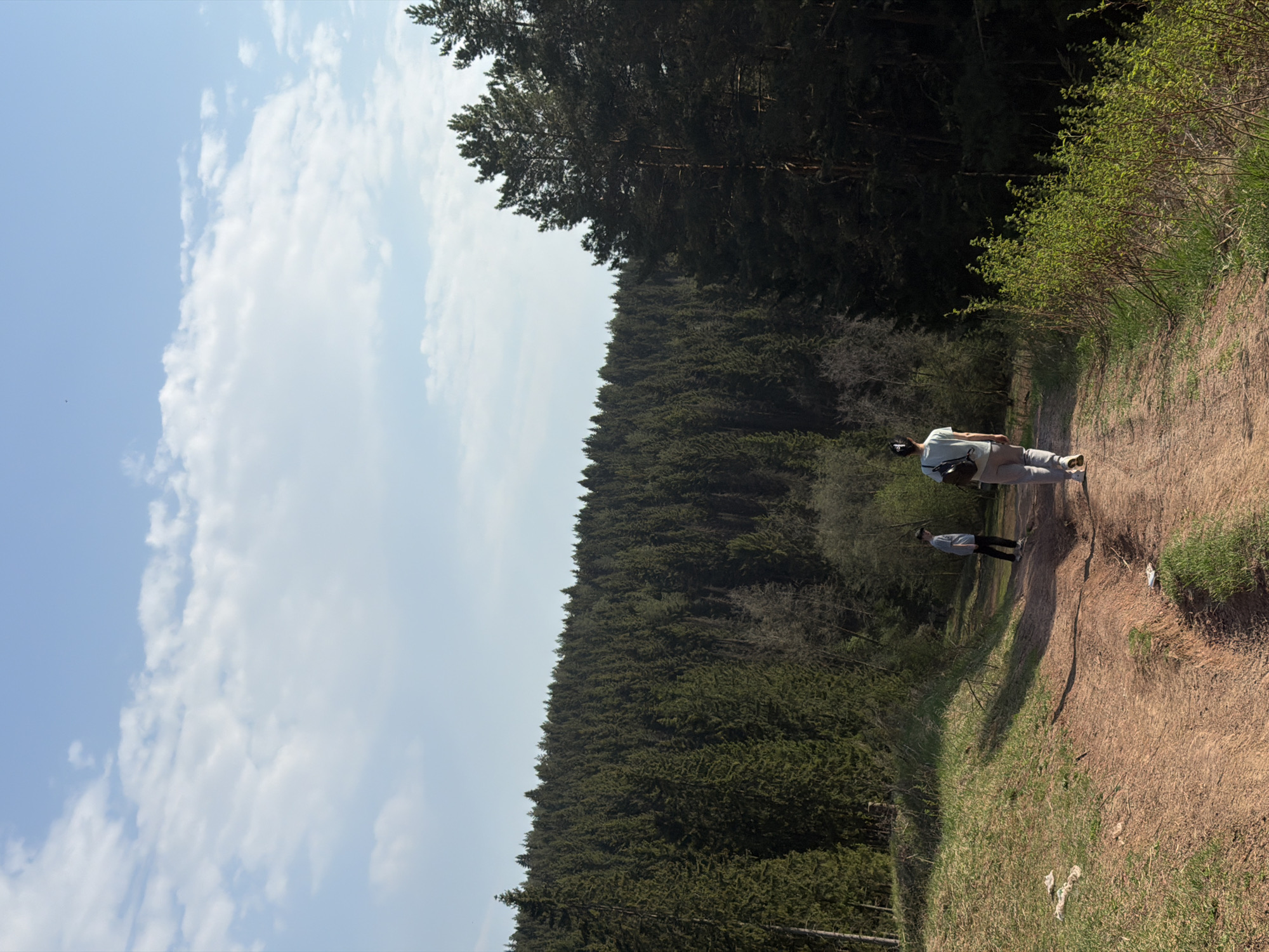 Two individuals are walking on a dirt path in a forested area under a partly cloudy sky. The path is edged by vegetation on the right and trees on the left. One individual is closer to the viewer and appears to be wearing light-colored clothing and carrying a bag. The other individual is further down the path. A dense forest borders the path. There is no verifiable information about the location being in Perm, Russia.