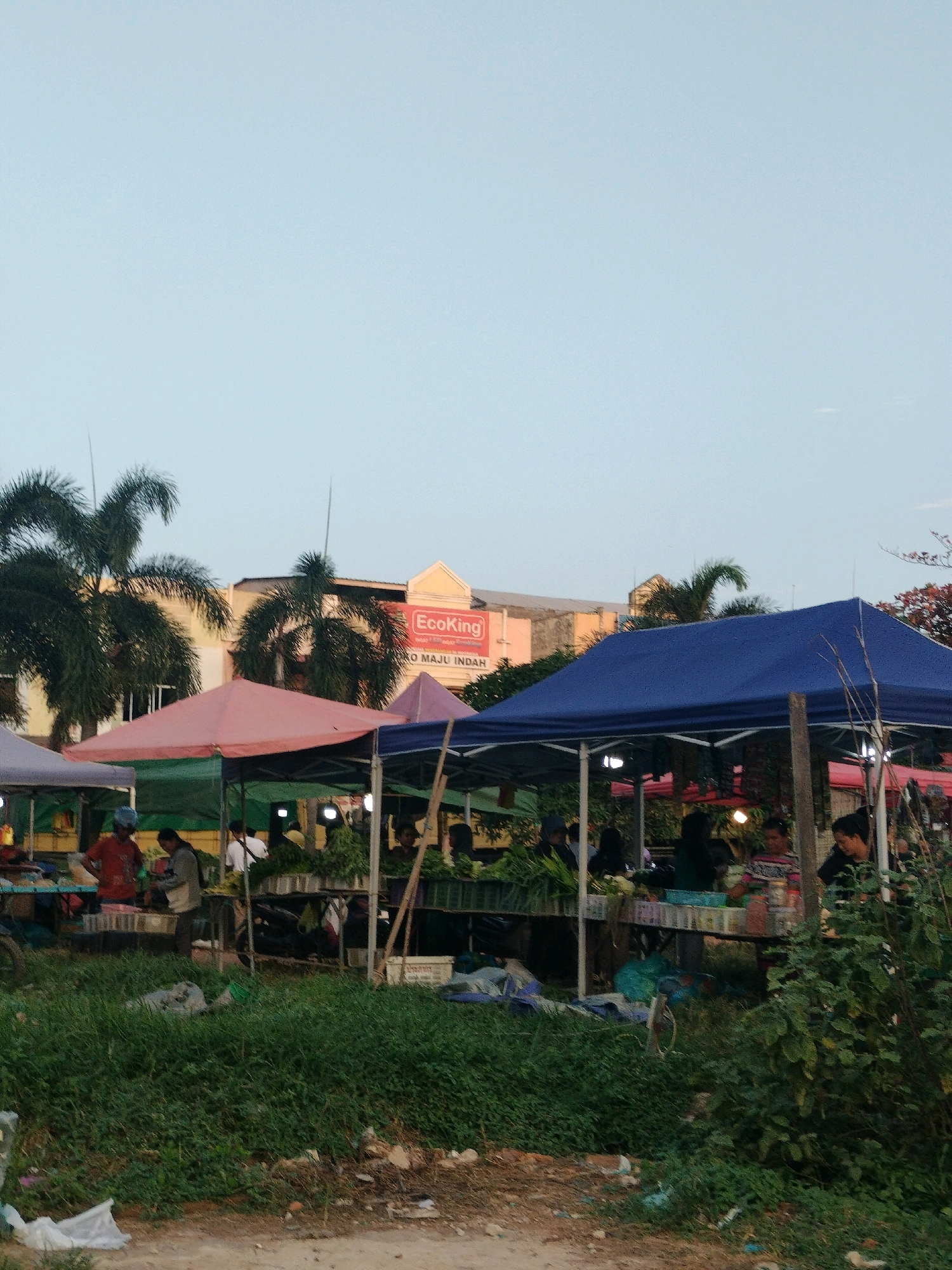 This is a medium-angle, vertical shot of an outdoor market in Batam, Indonesia, with a building bearing an "EcoKing" sign visible in the background. The sky is a pale blue, suggesting it is either early morning or late afternoon. In the foreground, several market stalls with brightly colored awnings are set up. A pink and green awning is prominent on the left, with a blue awning to its right. People are visible at the stalls, some appearing to be vendors and others customers. Various goods, likely produce, are displayed on tables. Green vegetation, including grass and bushes, surrounds the market stalls, with some debris scattered on the ground. Palm trees are visible behind the market stalls and in front of the building. The overall scene depicts a typical bustling market environment.