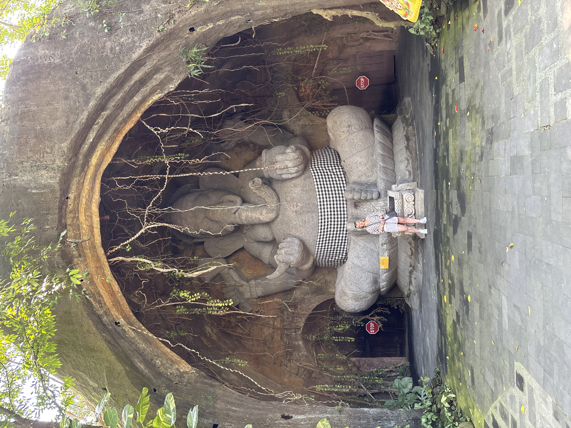 The image shows a large stone statue of Ganesha located within a rocky cavern in Blahbatuh, Indonesia. The statue is seated and adorned with a black and white checkered cloth around its waist. A woman in a patterned top and shorts stands in front of the statue, facing the camera. The cavern entrance is framed by tree roots and vines, and the ground is paved with stone tiles. There are two red "STOP" signs visible, one on each side of the cavern entrance. The environment appears to be outdoors with sunlight filtering through the foliage above.