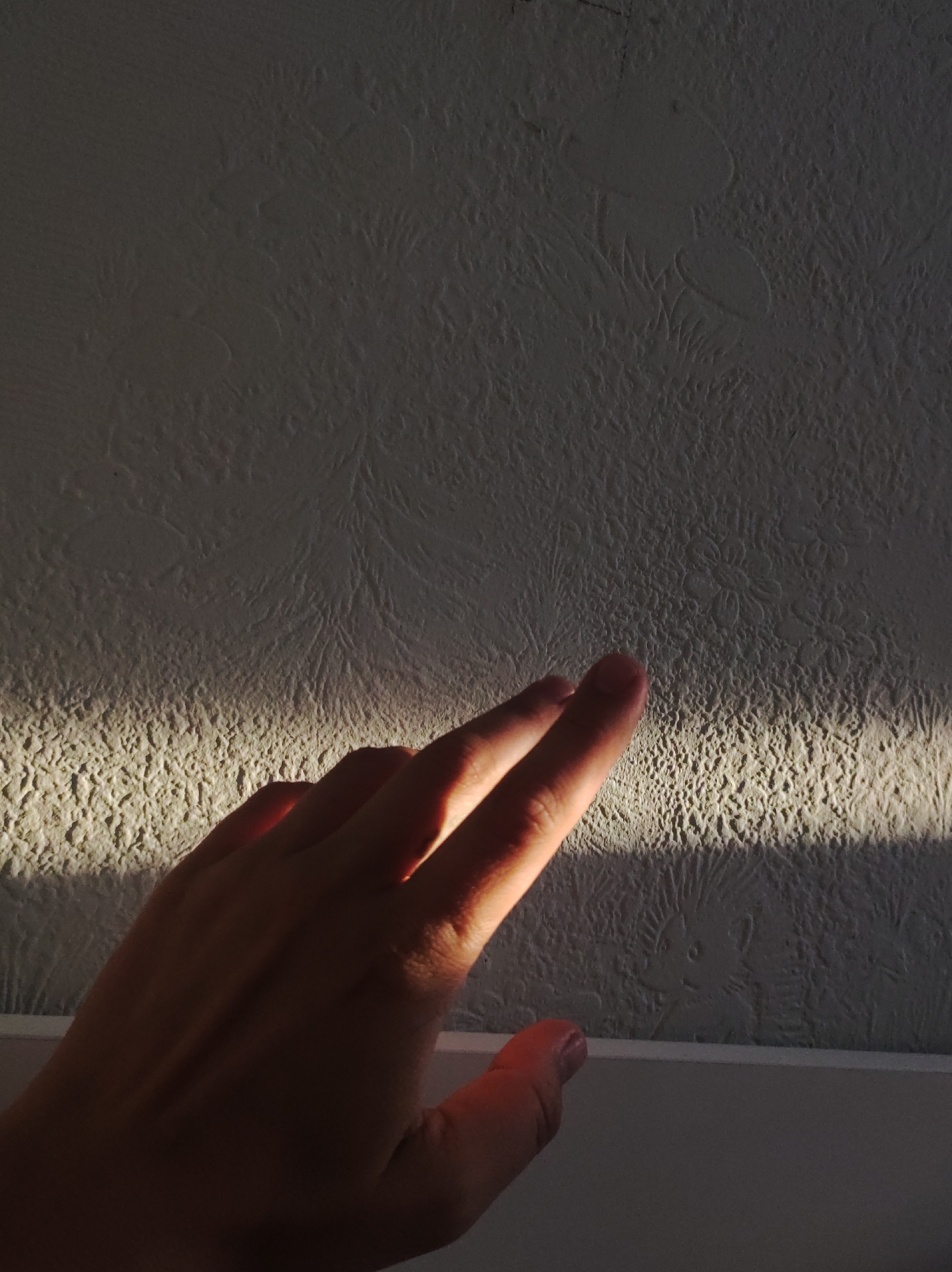 A close-up shot features a person's hand reaching towards a textured wall illuminated by a strong, diagonal beam of light. The hand, cast in shadow with highlights on the fingers, appears to be in motion, perhaps touching or about to touch the wall. The wall itself has a rough, stucco-like finish with a patterned texture.
The lighting suggests a specific time of day, with the sharp contrast between light and shadow indicating either early morning or late afternoon sun. The scene is indoors, as evidenced by the wall and the likely interior lighting, though the natural sunlight implies a window is present. No specific location cues are visible beyond the interior setting. The emotion conveyed is subtle, with the focus on the interplay of light and form, creating a sense of quiet contemplation or gentle interaction with the environment.
There is no visible text in the image. The context of Chaikovsky, Russia, is provided externally and does not influence the visual description of the image itself.