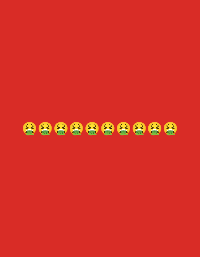 A graphic design features a row of identical yellow emojis, each with closed eyes indicated by "X" shapes and a green substance being expelled from its mouth, on a red background. The design contains no elements that can be used to determine its location in Semarang, Indonesia.