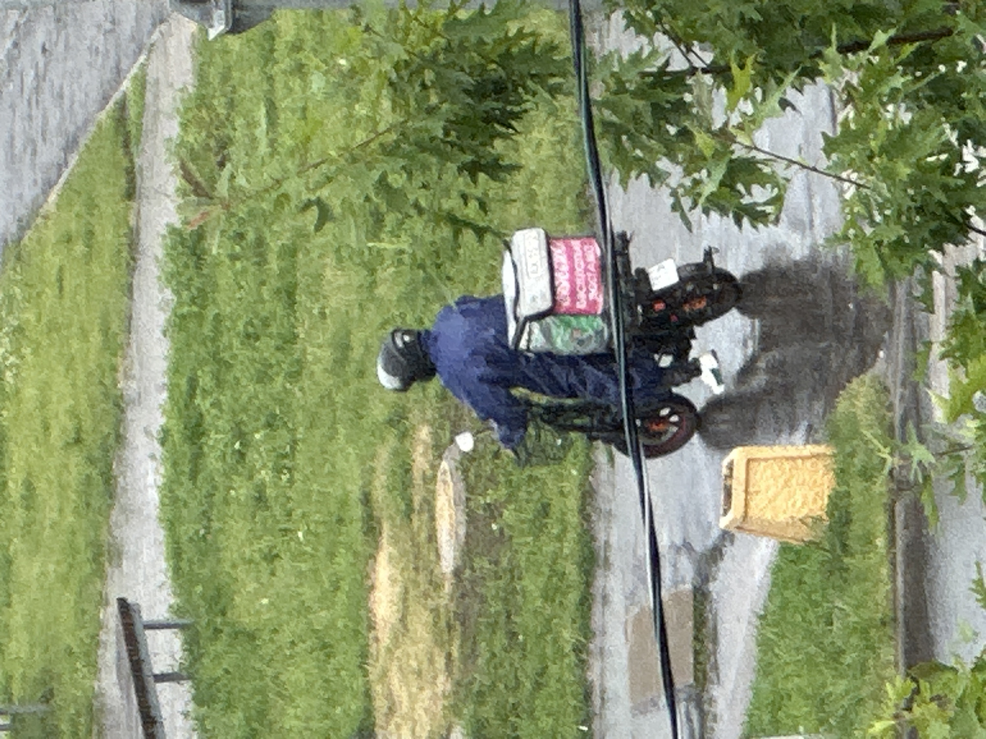 A person wearing a dark blue rain suit and a helmet is riding a black electric scooter on a wet, paved surface, presumably a street or sidewalk, in Podolsk, Russia. The scooter has a large, insulated delivery bag attached to the back, which is white with pink accents and appears to have some text and graphics on it. The surrounding environment is overgrown with green grass and some foliage. There is a yellow, rectangular planter or structure to the left of the scooter, and a wooden bench is visible in the background to the left. Overhead wires are present in the foreground. The weather appears to be overcast or rainy, contributing to the wet ground.