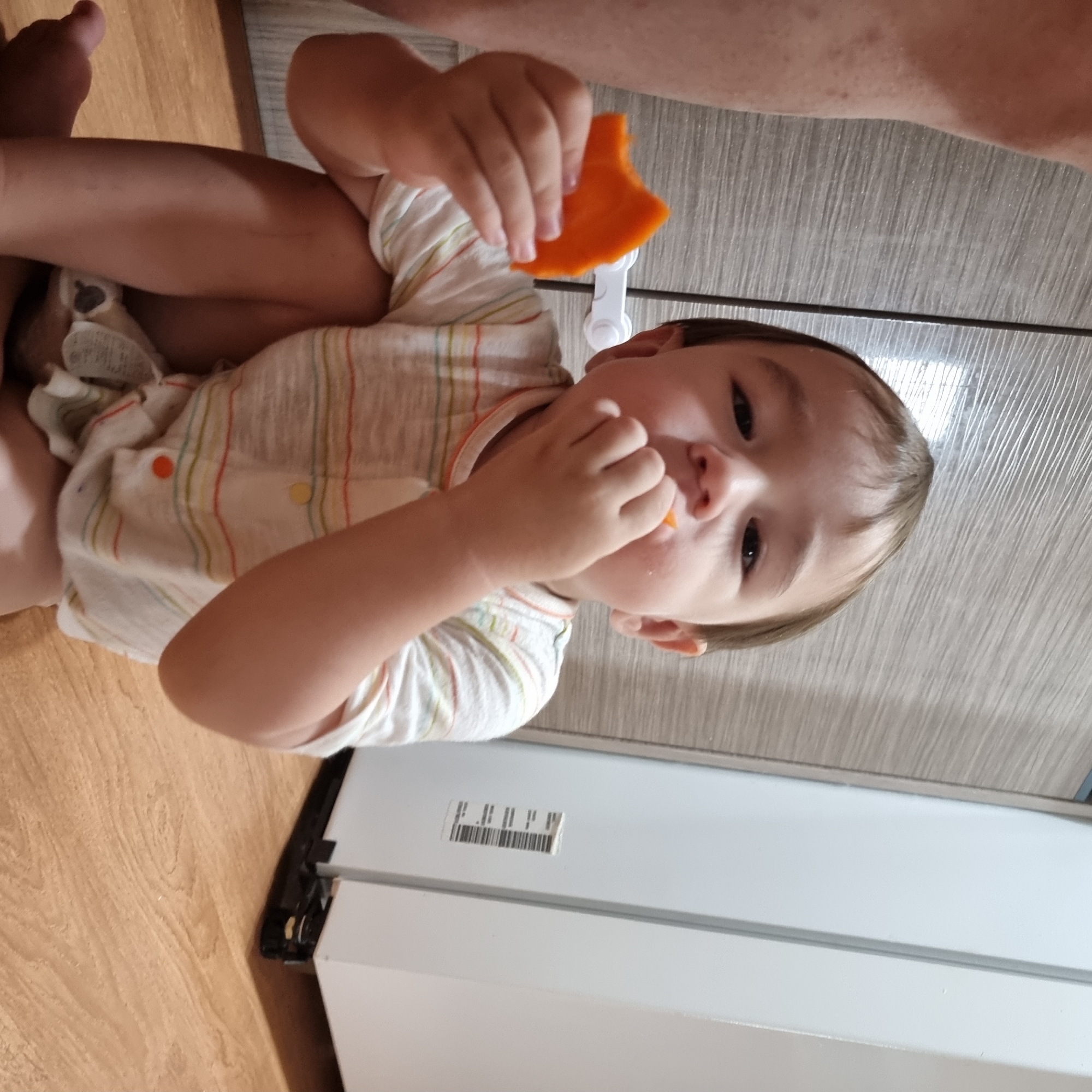 A young child is sitting on a wooden floor, holding a piece of carrot in their right hand and bringing it to their mouth. The child is wearing a striped shirt. To the left of the child, a person's leg is visible. In the background, there are two white appliances and a wooden cabinet. A white child safety lock is attached to a cabinet door. The floor is made of light-colored wood planks. This image was taken in Dunnae-myeon, South Korea.