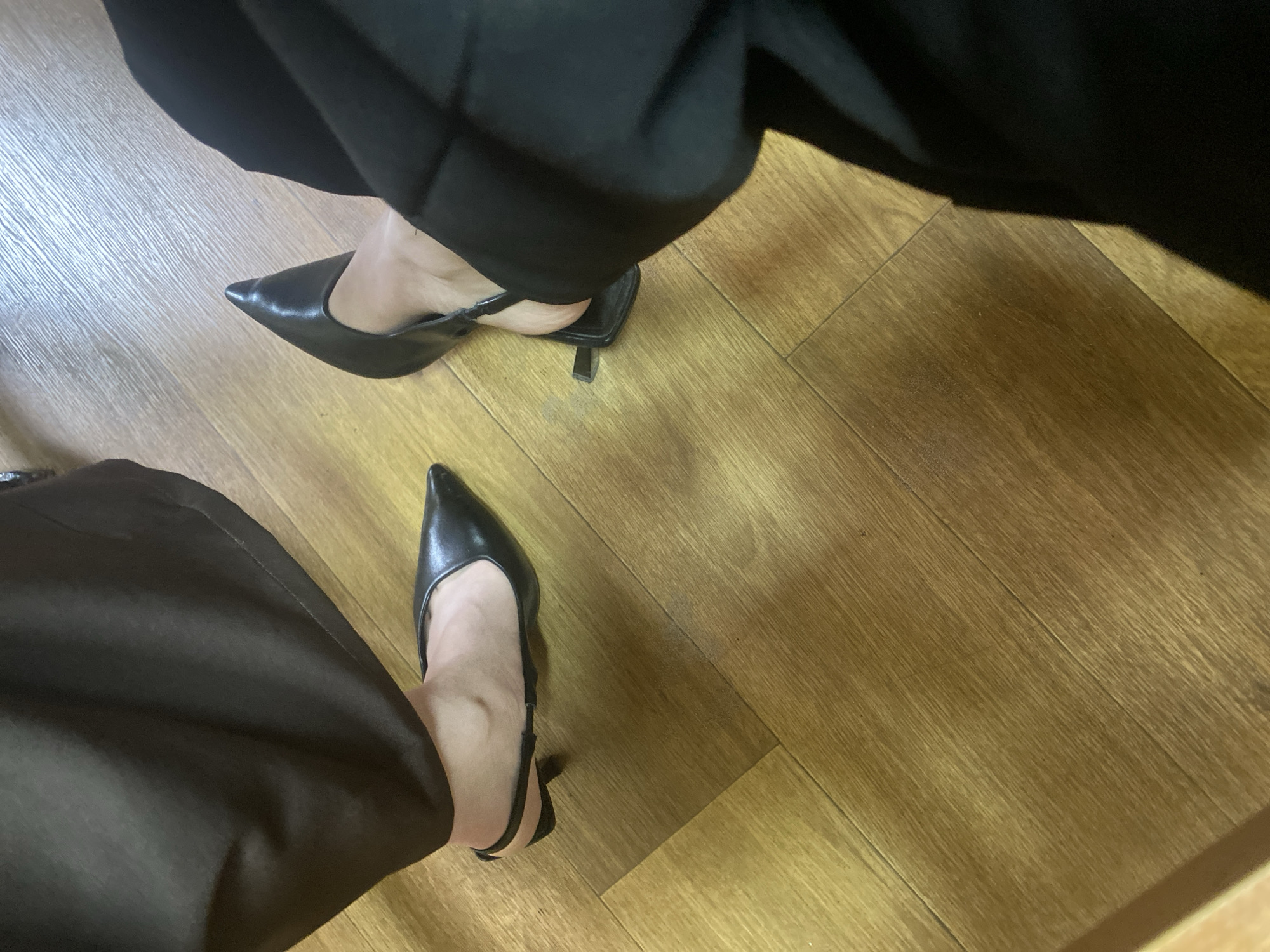 Two individuals are standing on a wooden floor. One person, on the left, is wearing a dark brown garment and black pointed-toe slingback heels. The other person, on the right, is wearing black pants and black pointed-toe slingback heels. The scene is indoors. The image does not contain information that would allow for determining the location within the city of Dyakovo, Russia.