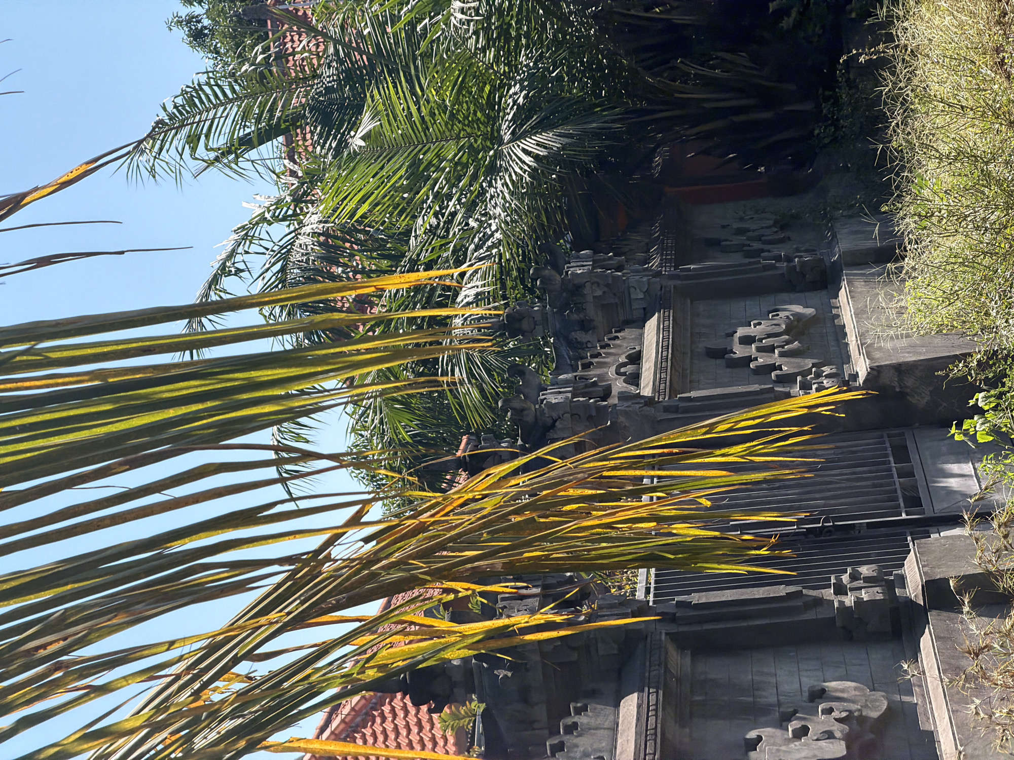 The image depicts an outdoor scene in Kubu, Indonesia, featuring a stone wall with intricate carvings and a metal gate. In the foreground, palm fronds, some yellowed and dry, hang down, partially obscuring the view. Behind the wall, lush green palm trees and a building with a terracotta roof are visible. The sky is clear and blue. The overall impression is one of a tropical environment with traditional Indonesian architecture.