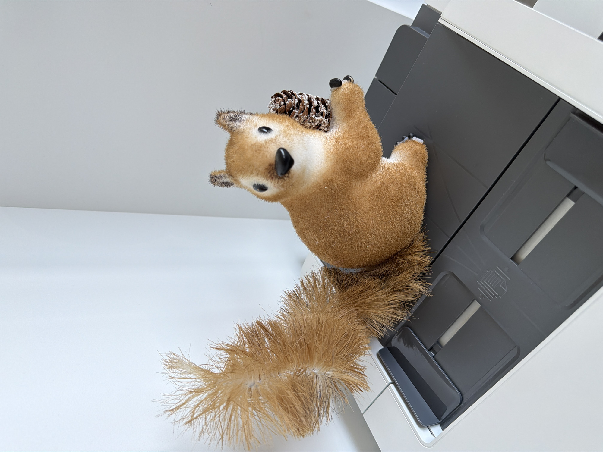 A decorative squirrel figure, made of brown, fuzzy material, sits on a gray printer tray. The squirrel has a bushy tail extending to the left of the frame and is holding a small pinecone in its paws. The background consists of a white wall and the edge of a printer. The image appears to be taken indoors in an office or home setting. There is no discernible location in Kyiv, Ukraine.