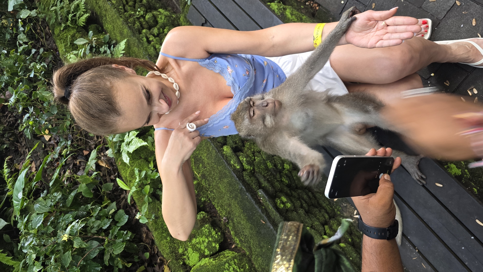 A woman is sitting on a bench, holding a monkey in her lap. A person is taking a photograph with their smartphone. The woman is wearing a light blue top, a white skirt, and a shell necklace. She has a yellow wristband. The monkey is gray with a long tail. The background consists of green vegetation and moss-covered stone. The scene is taking place in Ubud District, Indonesia.