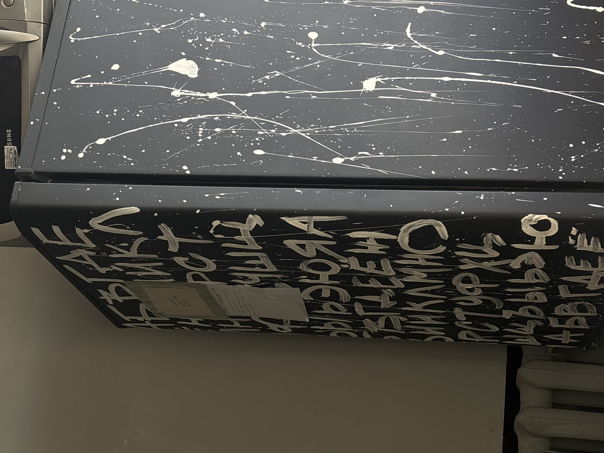 The image shows a black painted cabinet with white splatters and haphazard white lettering. A Samsung appliance is partially visible on the left. The scene appears to be indoors, with a white wall in the background. A radiator is visible on the right. While the style of the lettering might suggest an artistic statement, there is no definitive information in the image to confirm its location in Perm, Russia.