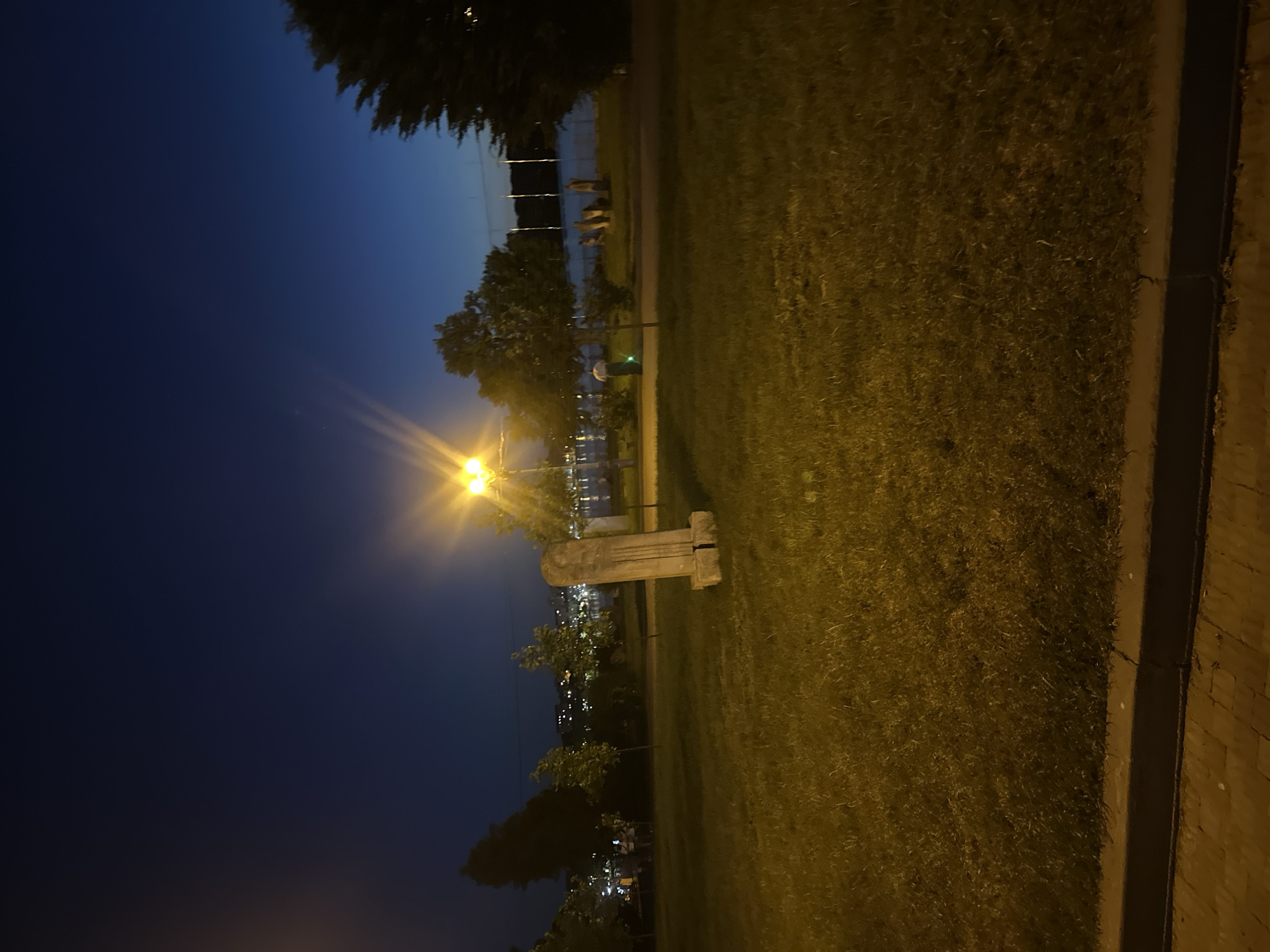 At night, a stone monument stands in a park in Ternopil, Ukraine. The monument is tall and rectangular with carved lines. It is set in a grassy area with a paved walkway in the foreground and a body of water with city lights visible in the background. A lamppost with a bright light is to the left of the monument. There are trees scattered throughout the park, and a fence is visible in the distance. A person dressed in white and green is standing near some bushes, facing away from the camera.
