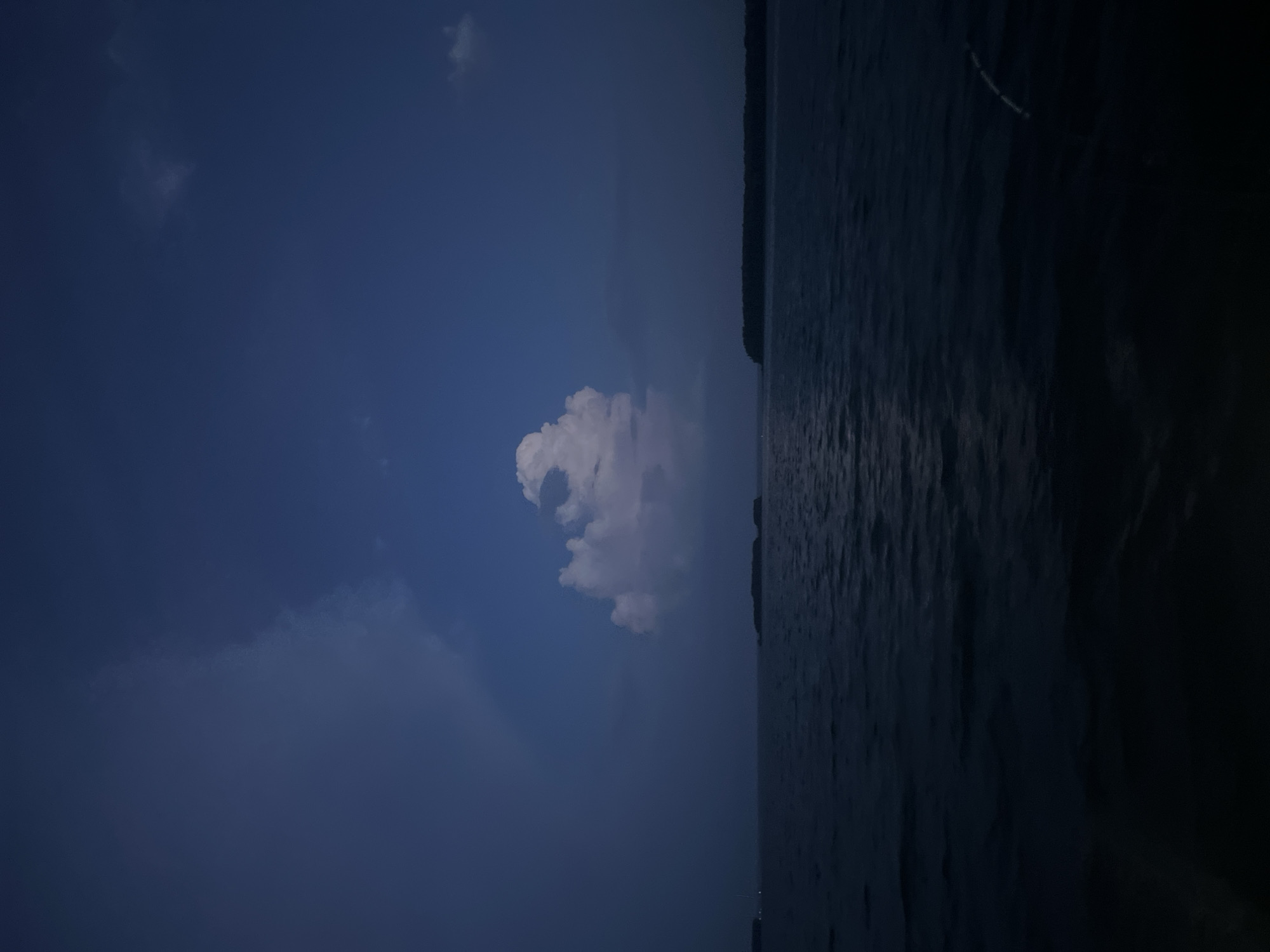 The image depicts a body of water under a dark blue sky with a single, prominent white cloud. The water appears calm with gentle ripples. In the distance, a silhouetted landmass with trees is visible along the horizon. There are no people or discernible objects in the immediate foreground or on the water. The scene is dimly lit, suggesting it might be dusk or night. The location is identified as Novopichugovo, Russia.
