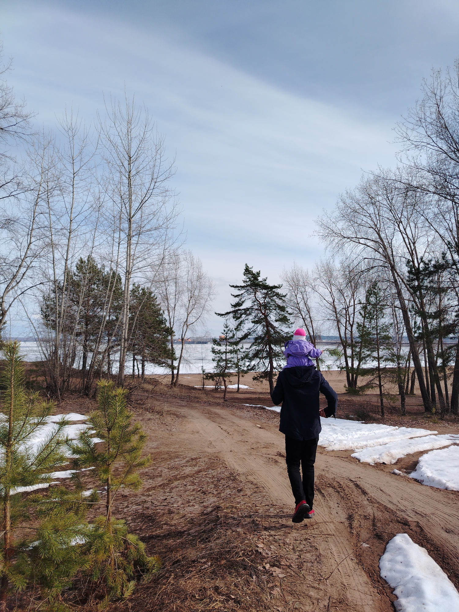 A photograph captures a person carrying a child on their shoulders, walking away from the viewer along a dirt path. The adult figure is clad in a dark blue jacket and black pants, with red sneakers visible. The child on their shoulders is wearing a purple snowsuit and a pink hat.
The setting is a natural area with sandy soil, sparse grass, and remnants of snow, suggesting a transitional season, possibly early spring. Trees line the path on both sides, some with bare branches, while others are evergreen. In the background, a body of water is visible, with what appears to be ice still present on the water's surface. The sky overhead is overcast, with a light, diffused quality of light.
The location is Noviy, Russia.