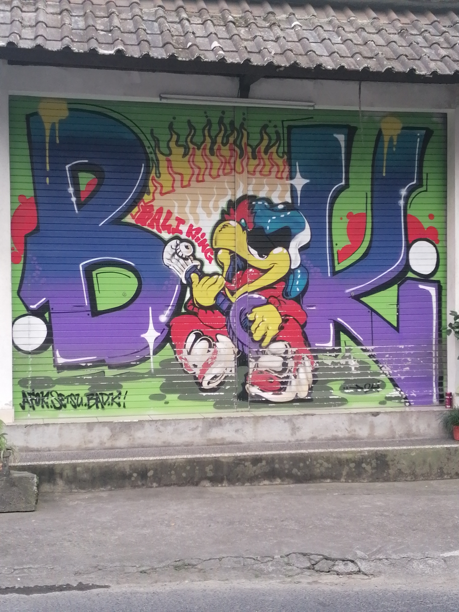 A wide shot shows a rolling metal garage door in front of a building in the city of Ubud District, Indonesia, covered in vibrant graffiti. The graffiti features large, bold, stylized letters in shades of blue and purple, with green and yellow flames above. A cartoon chicken character, wearing a red jacket and yellow gloves, is depicted prominently in the center of the graffiti, holding a microphone. The chicken has a red and white striped head. Below the main graffiti, in black spray paint, is a tag that appears to read "AFOK.SPTSU.BADIK!". The garage door is installed on the facade of a building with a tiled roof. In front of the garage door is a concrete ledge and a paved walkway or street. To the left, a concrete planter with a small plant is visible, and to the right, a small potted plant with red flowers sits near the edge of the frame. The overall scene depicts an urban environment with a strong artistic element.