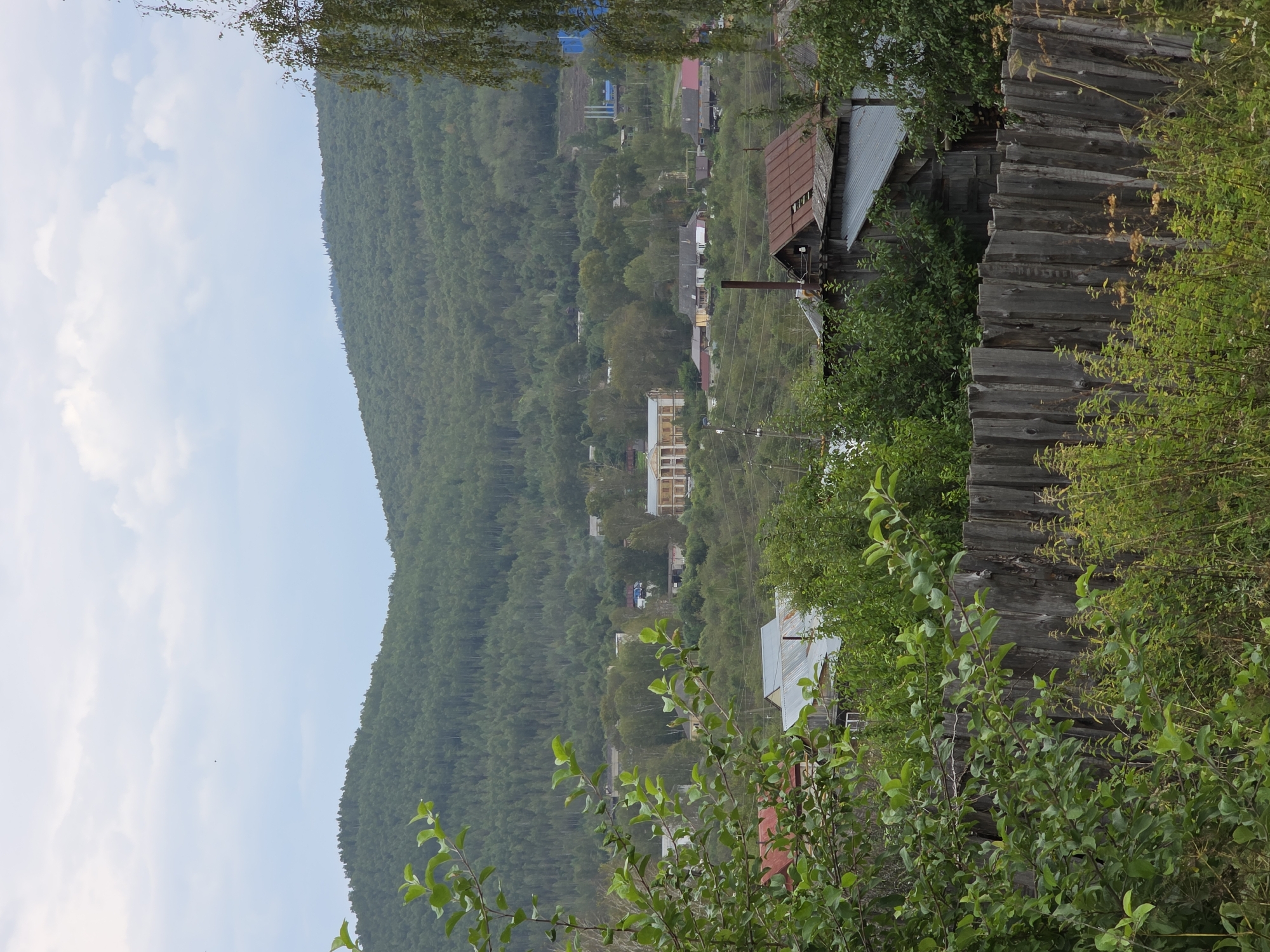 The image depicts a view of a village or town nestled at the base of a densely forested hill. In the foreground, a weathered wooden fence runs horizontally across the frame, partially obscured by lush green foliage and tall grass. Behind the fence, several buildings are visible, some with corrugated metal roofs. One building in the mid-ground has a distinctive light-colored, multi-story facade with arched windows. Further back, more scattered houses and industrial-looking structures can be seen, including a tall blue building and smokestacks. The hill behind the settlement is covered in a thick forest of evergreen trees, with a lighter-colored sky above, featuring scattered clouds. The scene appears to be a rural or semi-rural setting, likely a residential area within a forested landscape.