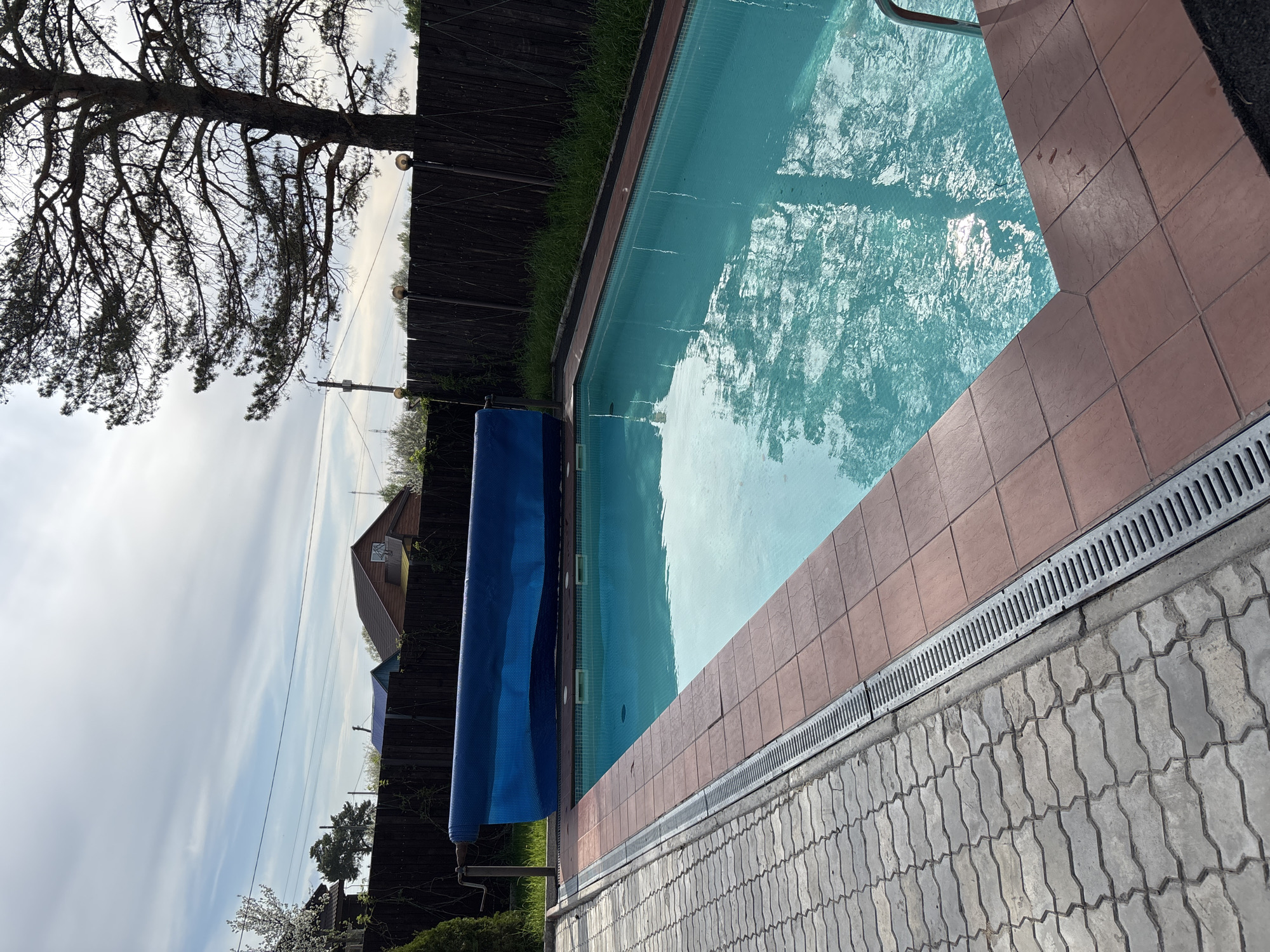 The image shows a swimming pool in an outdoor setting, possibly in a backyard. The pool is rectangular, with light blue water reflecting the sky and surrounding trees. A dark brown fence runs along the far side of the pool, with some greenery visible at its base. A blue pool cover, rolled up on a metal frame, is partially visible near the fence. The pool's edge is lined with brown tiles, and a metal drain runs along the adjacent grey brick-paved area.
In the background, a tree with bare branches is visible, along with a house with a brown roof and a utility pole. The sky is light blue with white clouds.
Based on the available information, I cannot confirm that the location is Chaikovsky, Russia.