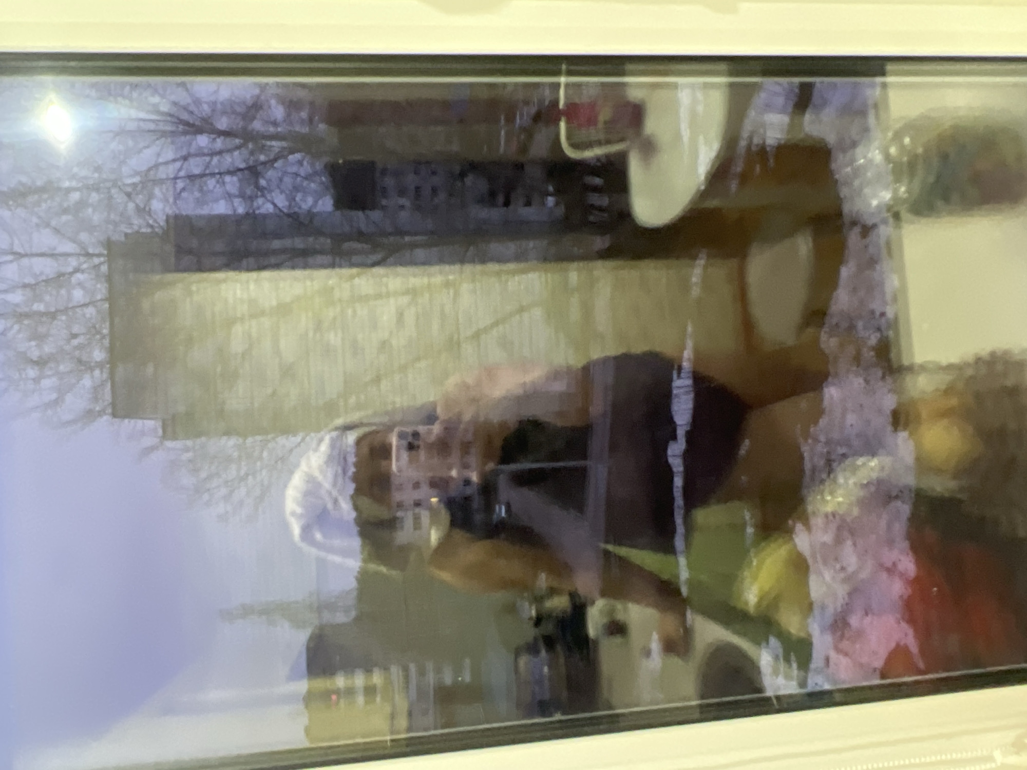 The image shows a reflection in a window. The reflection appears to include a person, possibly taking a photograph with a cell phone, along with a view of a building, trees without leaves, and other blurred objects that suggest an interior space. The location is indicated as Chaikovsky, Russia.