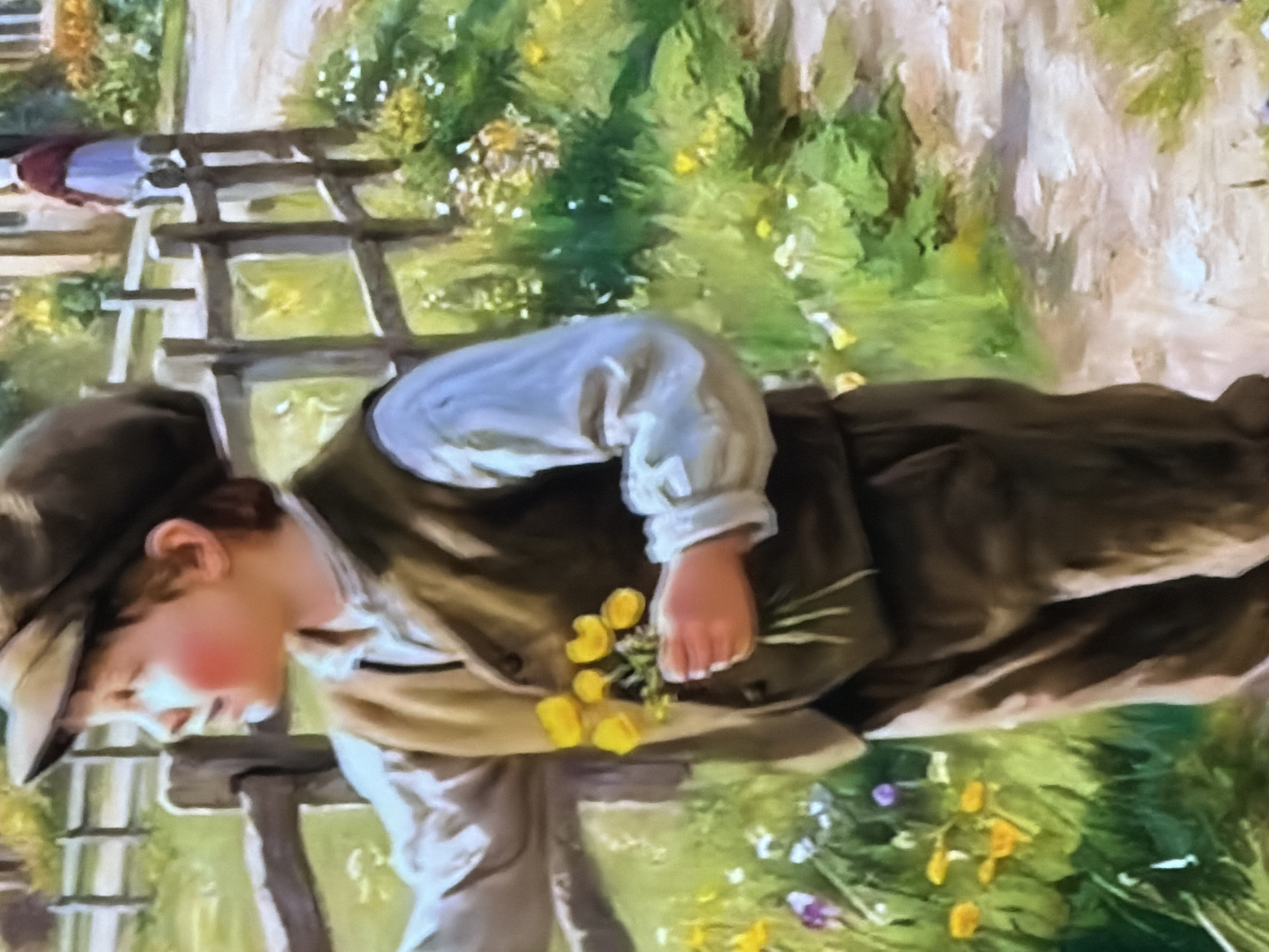 This painting depicts a vibrant pastoral outdoor scene, possibly set in Sofiivska Borshchahivka, Ukraine. The central subject is a young boy, likely in his early to mid-childhood, with rosy cheeks, dressed in a brown cap, a light-colored long-sleeved shirt, a dark brown vest, and dark trousers. He is stooping in the foreground, gently holding a small bunch of bright yellow wildflowers in his left hand, suggesting he is in the process of gathering them or admiring his collection.
A rustic wooden fence runs across the mid-ground, acting as a divider within the landscape. Beyond this fence, a dirt path or road winds through abundant green foliage, dotted with scattered wildflowers of various hues including yellow, purple, and white. In the background, a less distinct figure, possibly an adult or older child, wearing a red top and light-colored lower garment, is visible near the path, partially obscured by the fence.
The scene conveys a sense of serene natural beauty and a peaceful rural setting. The bright, soft illumination indicates a clear, pleasant daytime, possibly late morning or afternoon. The boy's activity and the idyllic environment evoke feelings of innocence and a deep connection with nature. There is no visible text within the image.