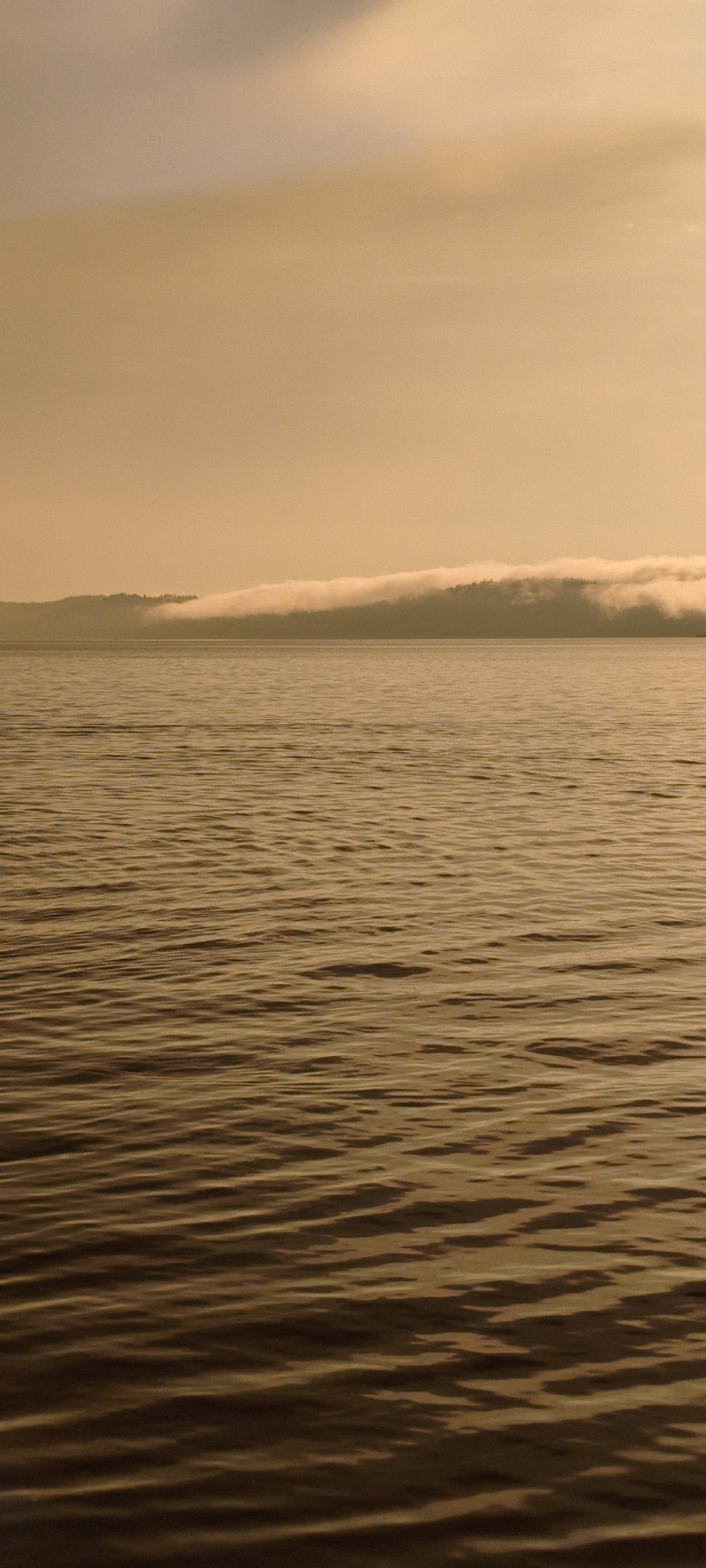 The image depicts a serene, golden-toned landscape. In the foreground, rippling water stretches across the frame, reflecting the warm light. Beyond the water, a distant, tree-lined shore is partially obscured by a low-lying, wispy cloud formation that hugs the horizon. The sky above is a soft gradient of beige and pale orange, with some lighter clouds. The overall impression is one of tranquility and natural beauty, likely captured at sunrise or sunset. The scene is devoid of any human presence or man-made structures. The location is identified as Zyuratkul', Russia, which is known for its lake and surrounding natural park.