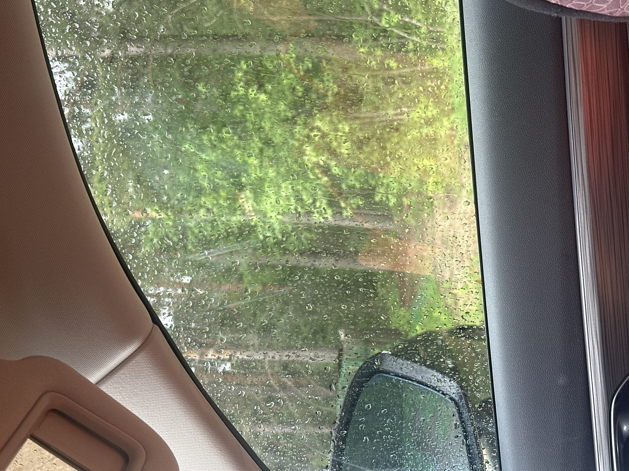 The image shows a view from inside a car on a rainy day. The rain is visible on the car window and the side mirror. The view outside is of a wooded area. The interior of the car is visible, including the sun visor and the interior trim. The location is unknown.