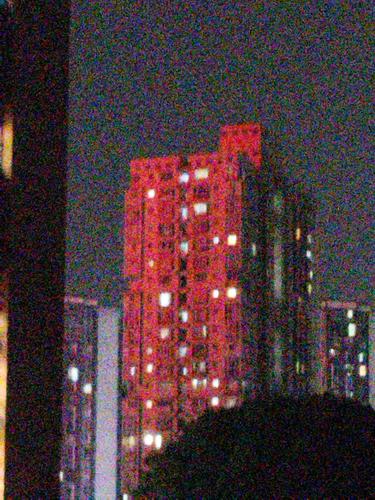 The image shows a nighttime view of buildings in an urban area, likely in the Yuzhong District of China. A tall red building with illuminated windows is the primary subject. Other buildings are visible in the background, also with lit windows. The foreground appears to include dark foliage, possibly trees or bushes. The image exhibits significant digital noise.