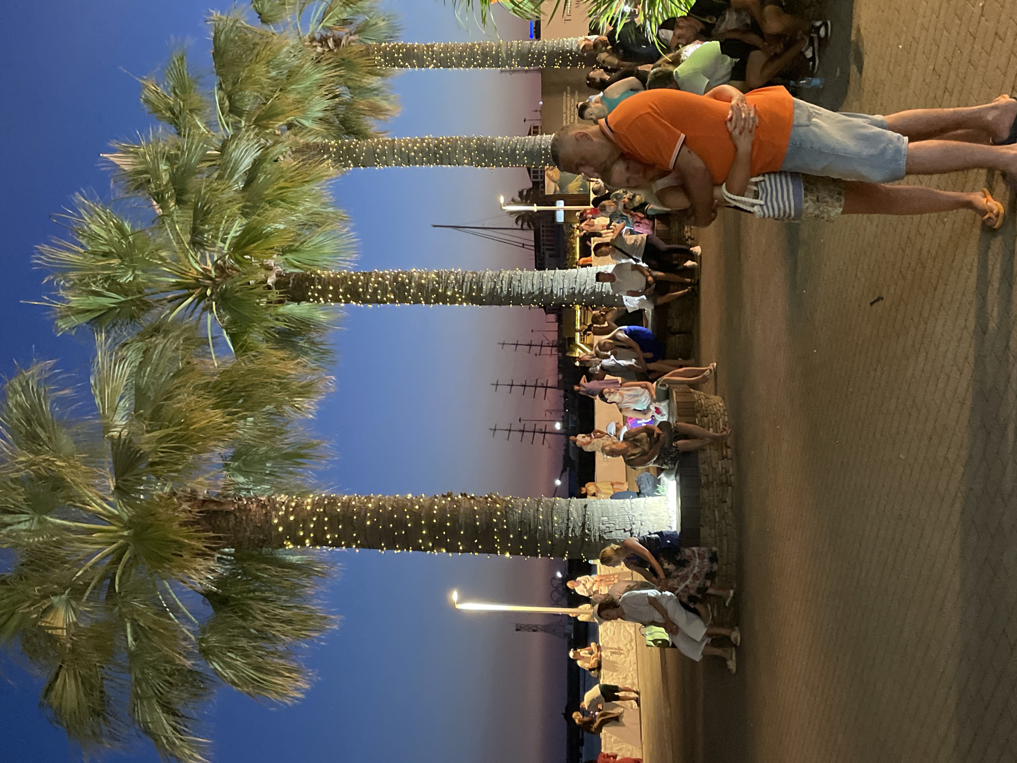 The image depicts an evening scene along the Sochi waterfront, likely in an area with palm trees decorated with string lights. A crowd of people is gathered, some sitting on a low wall in the background and others standing. In the foreground, a man in an orange shirt and denim shorts is embracing a younger woman. The sky is a gradient of deep blue to pink, indicating dusk or dawn. Various boats, including sailboats and masts, are visible in the distance, suggesting a harbor or marina. The palm trees, illuminated by a string of small lights, are a prominent feature of the scene.