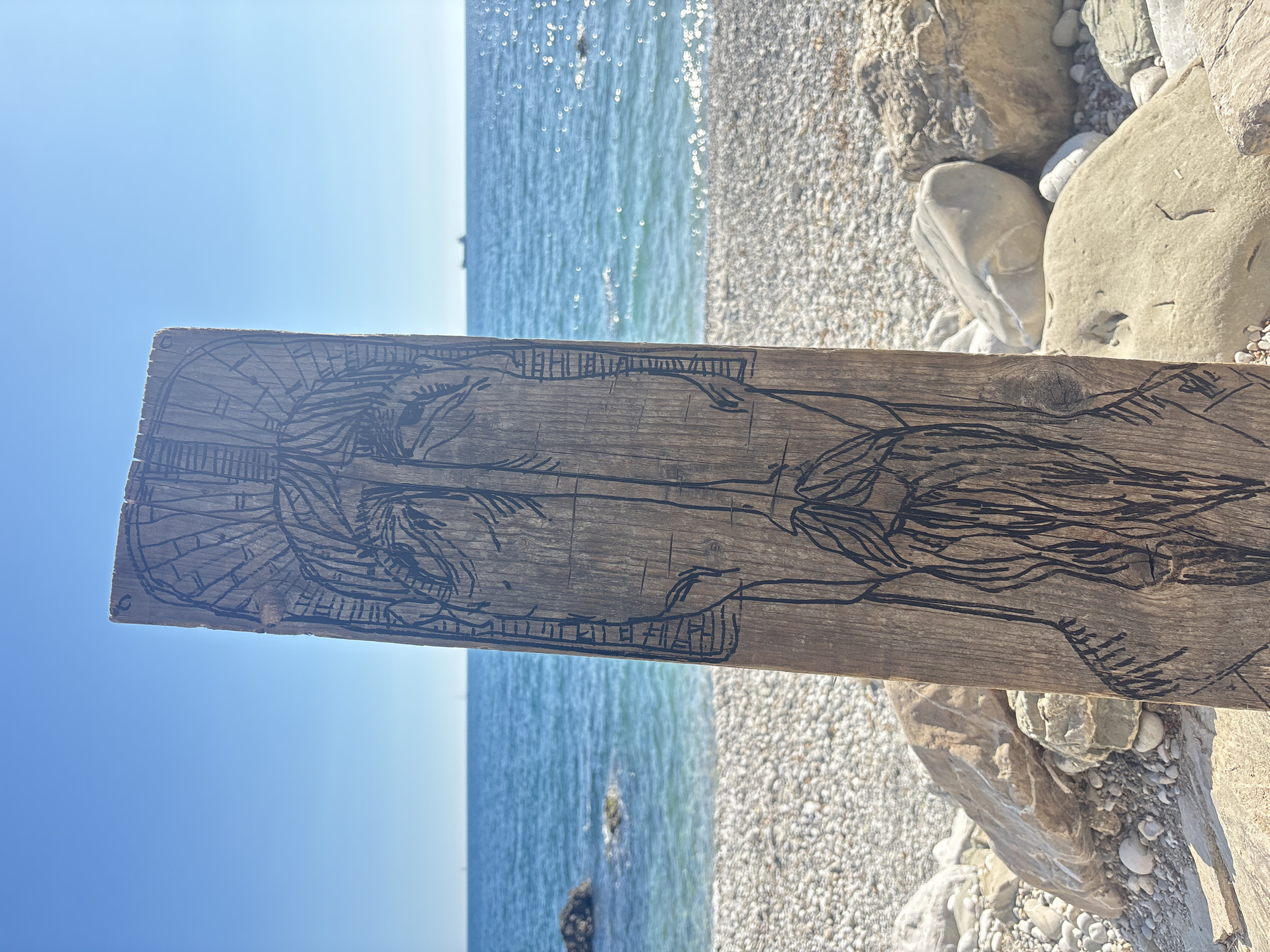 The image is taken outdoors on a sunny day in what appears to be the city of Bar, Montenegro, based on the shoreline and rock formations. A weathered wooden plank with a rudimentary drawing of a face in black ink or paint is positioned horizontally in the foreground. The drawing depicts a face with visible eyes, hair, and some facial features, likely intended to represent a person. The plank rests on a pebbly beach with larger rocks visible to the right. In the background is the Adriatic Sea, glistening under the sunlight, and a clear blue sky.