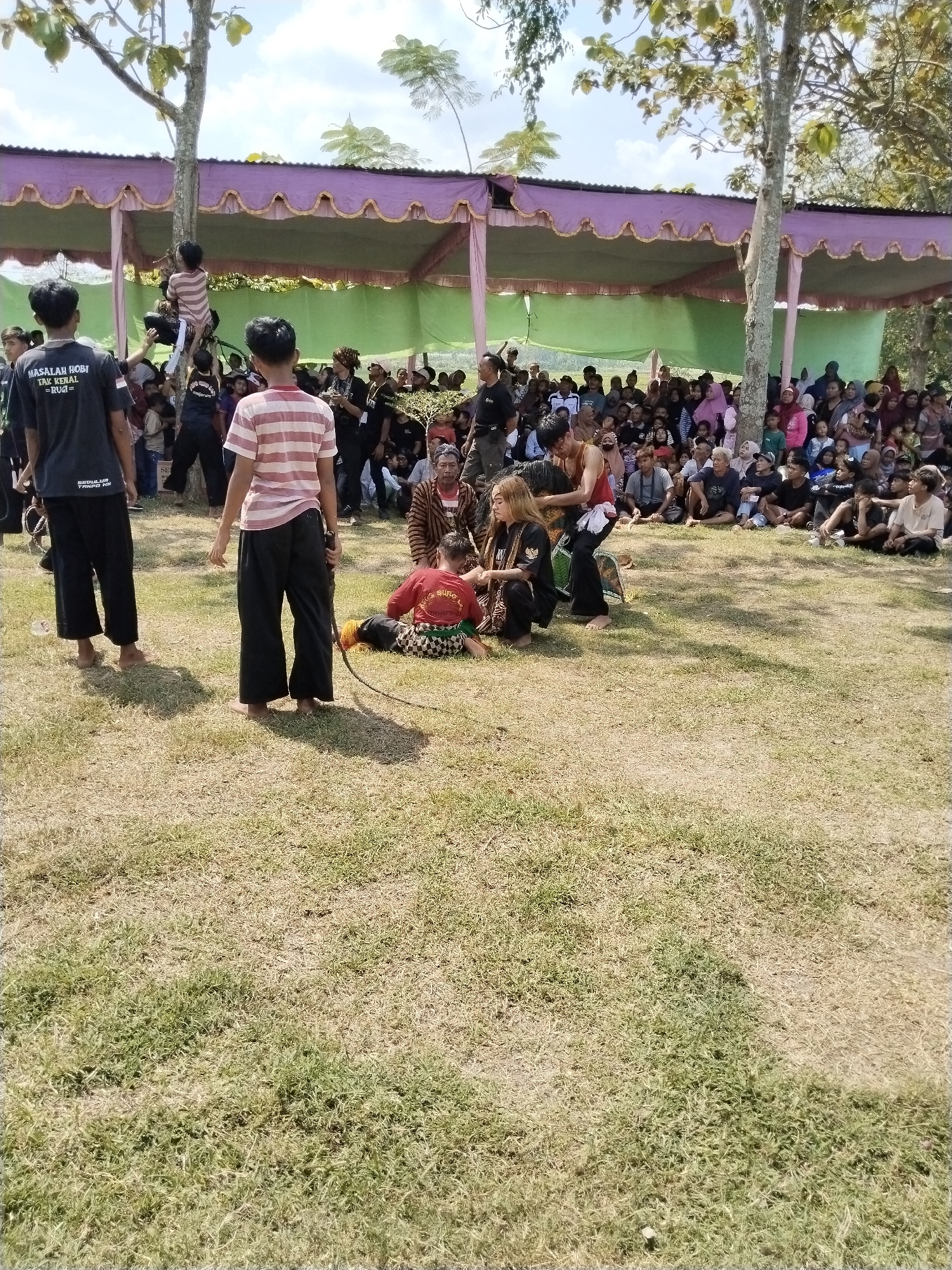 A medium shot taken outdoors in Unknown, Unknown shows a large gathering of people watching some sort of performance or competition in a grassy field under the shade of trees. A temporary structure or tent with a purple valance is set up in the background, behind the audience. In the foreground, several people are focused on the performance. One person is lying on the ground, apparently part of the act. Two individuals are attending to this person. Others are standing around watching the scene. Many people are seated on the grass, forming an audience. In the upper left corner, someone is climbing a tree, possibly to get a better view. The overall scene suggests a community event or traditional performance.