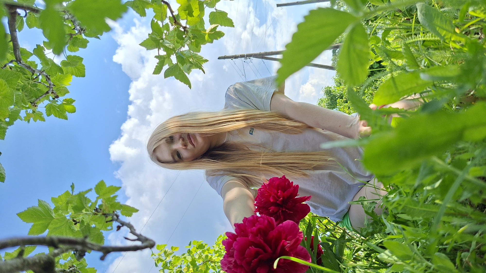 A young woman with long blonde hair kneels in a garden, holding two bright pink peonies. She is wearing a light gray t-shirt and green shorts. The garden is filled with lush green foliage and flowers, and branches with green leaves frame the top of the image. In the background, a blue sky with white clouds can be seen, along with two utility poles. The scene appears to be in a rural or suburban outdoor setting, likely in the village of Bolshoy Bukor, Russia, given the context. The low angle of the shot emphasizes the surrounding vegetation and the sky.