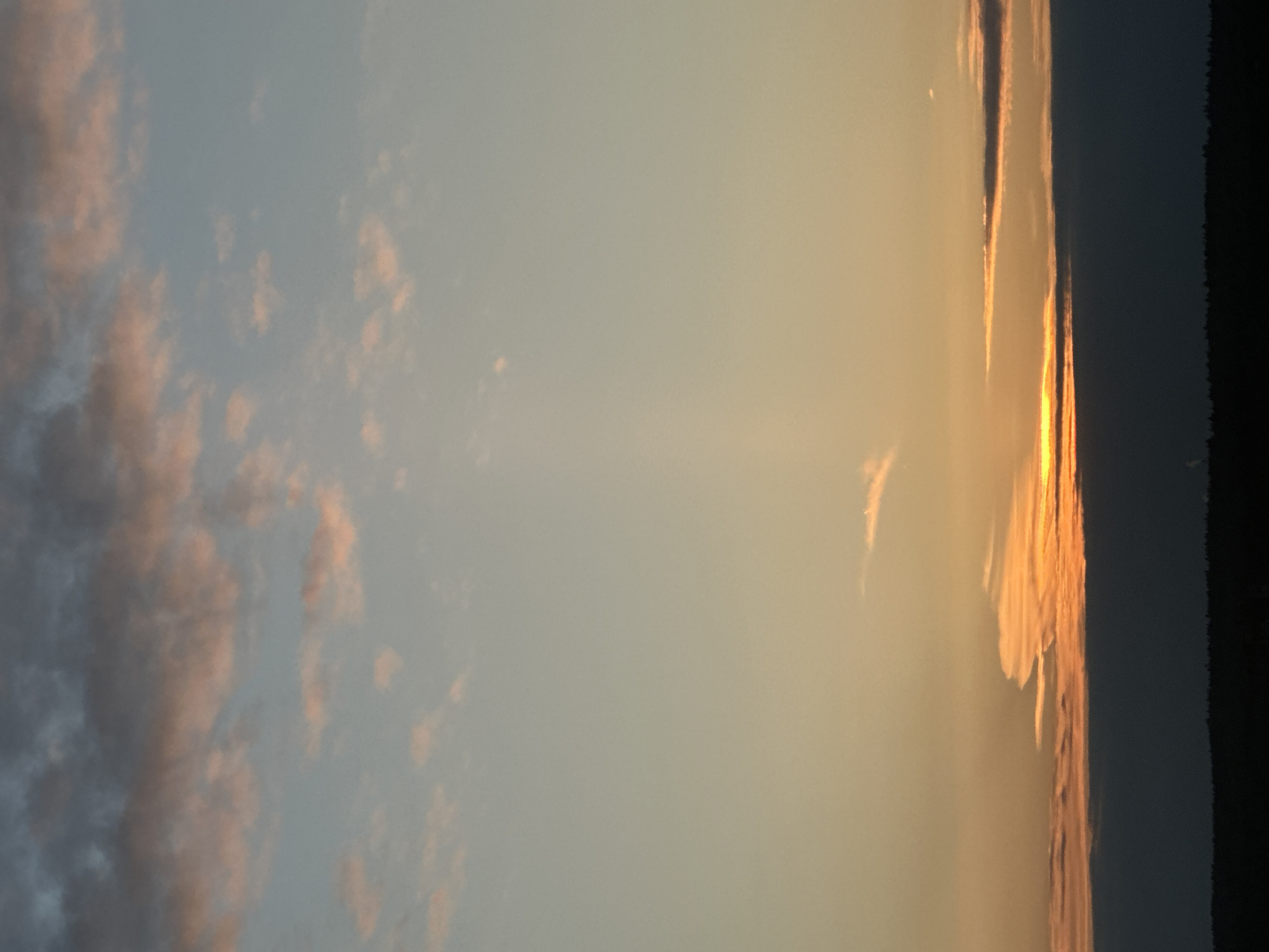 The image displays a panoramic view of a sky at either sunrise or sunset, presenting a vast expanse of atmospheric colors and cloud formations.
On the left side of the frame, the sky is a soft blue-grey, dotted with scattered, wispy clouds tinged with delicate pink and warm grey hues, catching the indirect light. Moving towards the right, the sky transitions smoothly into warmer tones, from a pale yellow to a brilliant golden and orange, suggesting the location of the low-hanging sun just beyond or at the right edge of the frame.
The central part of the sky is relatively clear, showing subtle variations in color and light. Closer to the right horizon, dramatic, elongated clouds are intensely illuminated by the warm sunlight, appearing as streaks of bright orange and gold against a darker, deeper blue-grey portion of the sky. These clouds have distinct, almost painterly shapes.
At the far right, a dark, uninterrupted silhouette forms the horizon line. This silhouette likely represents a distant landmass, possibly a forest or mountains, starkly contrasting with the vibrant sky above. Given the location context of Moscow, Russia, this would likely be a distant treeline or natural landscape. The overall mood conveyed is one of serene beauty and tranquility, characteristic of the golden hour. There are no visible people, objects (other than natural elements), or text.