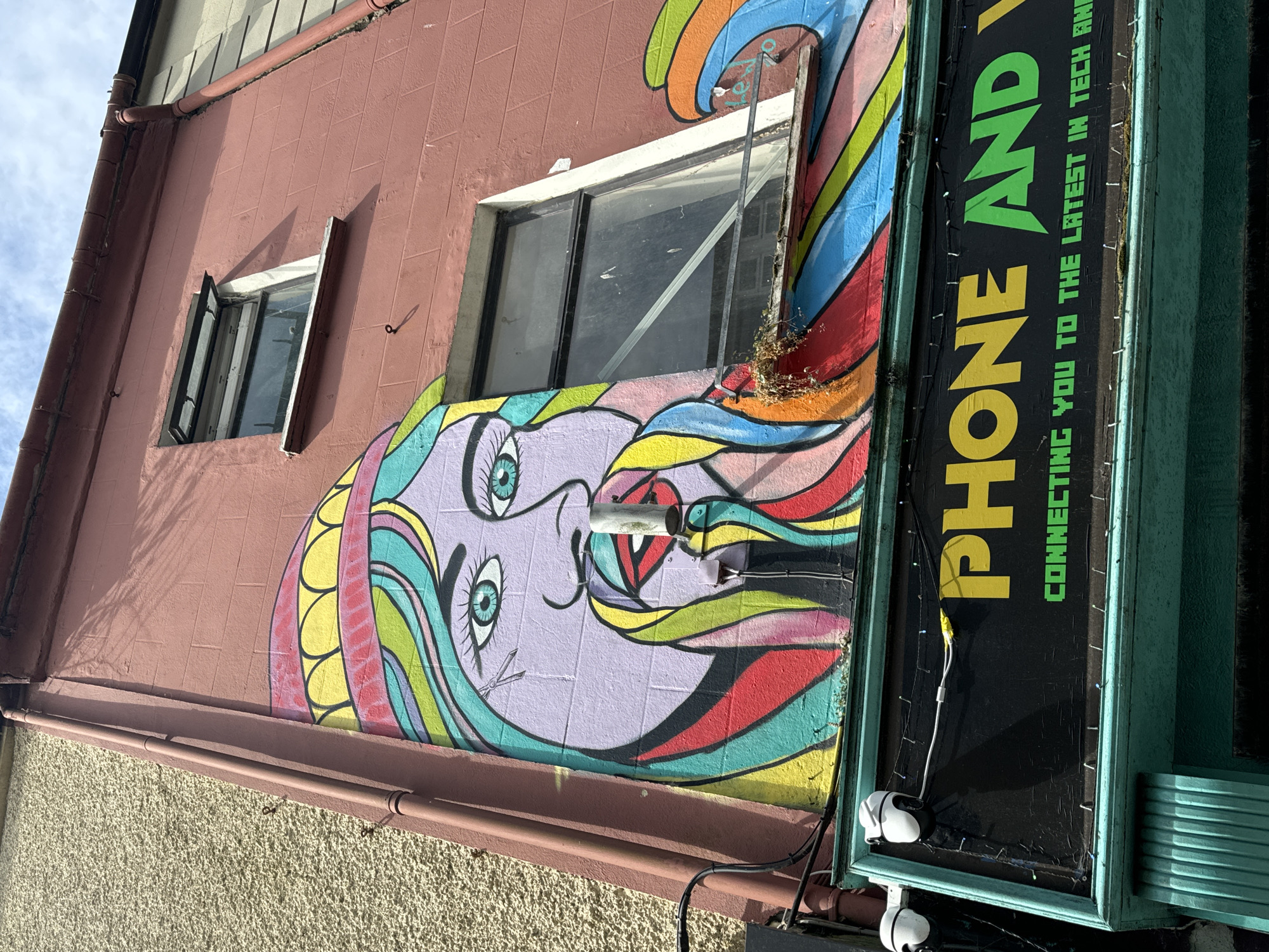 The image shows the facade of a building in Waterford, Ireland, featuring a large, colorful mural of a person's face. The mural is painted in vibrant colors, with purple for the face, bright yellow and pink for the hat and hair, and various shades of green, blue, red, and yellow for the flowing hair. The eyes are a striking turquoise. Below the mural, there is a black sign with white and yellow text that reads "PHONE AND V". The letters "V" are green and stylized. Beneath this, in smaller green lettering, is the slogan "CONNECTING YOU TO THE LATEST IN TECH AND". Two white security cameras are mounted on the left side of the sign. The building itself has a reddish-pink painted brick exterior. There is a window above the sign, partially obscured by the mural. A textured beige wall is visible to the left of the mural, and a downpipe runs along the corner of the building. The sky above is partly cloudy. The overall scene depicts an urban streetscape with a focus on the artistic mural and the storefront.
