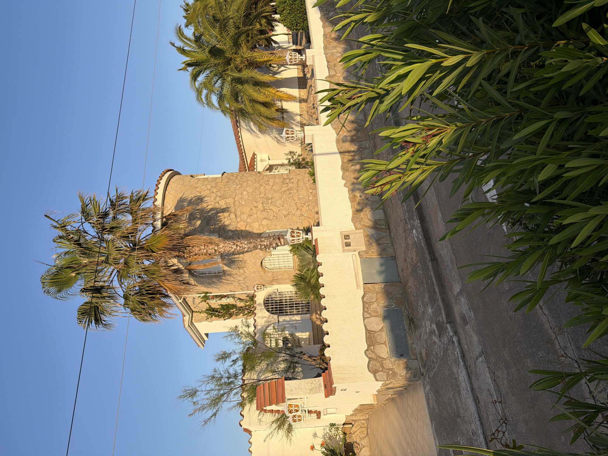 The image captures a street view in Mont-roig del Camp, Spain. A multi-story building with a stone facade and white trim is partially visible, with a cylindrical section. Palm trees are prominent, one towering beside the building and another further down the street. A white stone wall runs along the street. Lush green foliage obscures part of the right side of the image. Overhead power lines are visible against a clear blue sky. The lighting suggests it is either early morning or late afternoon.