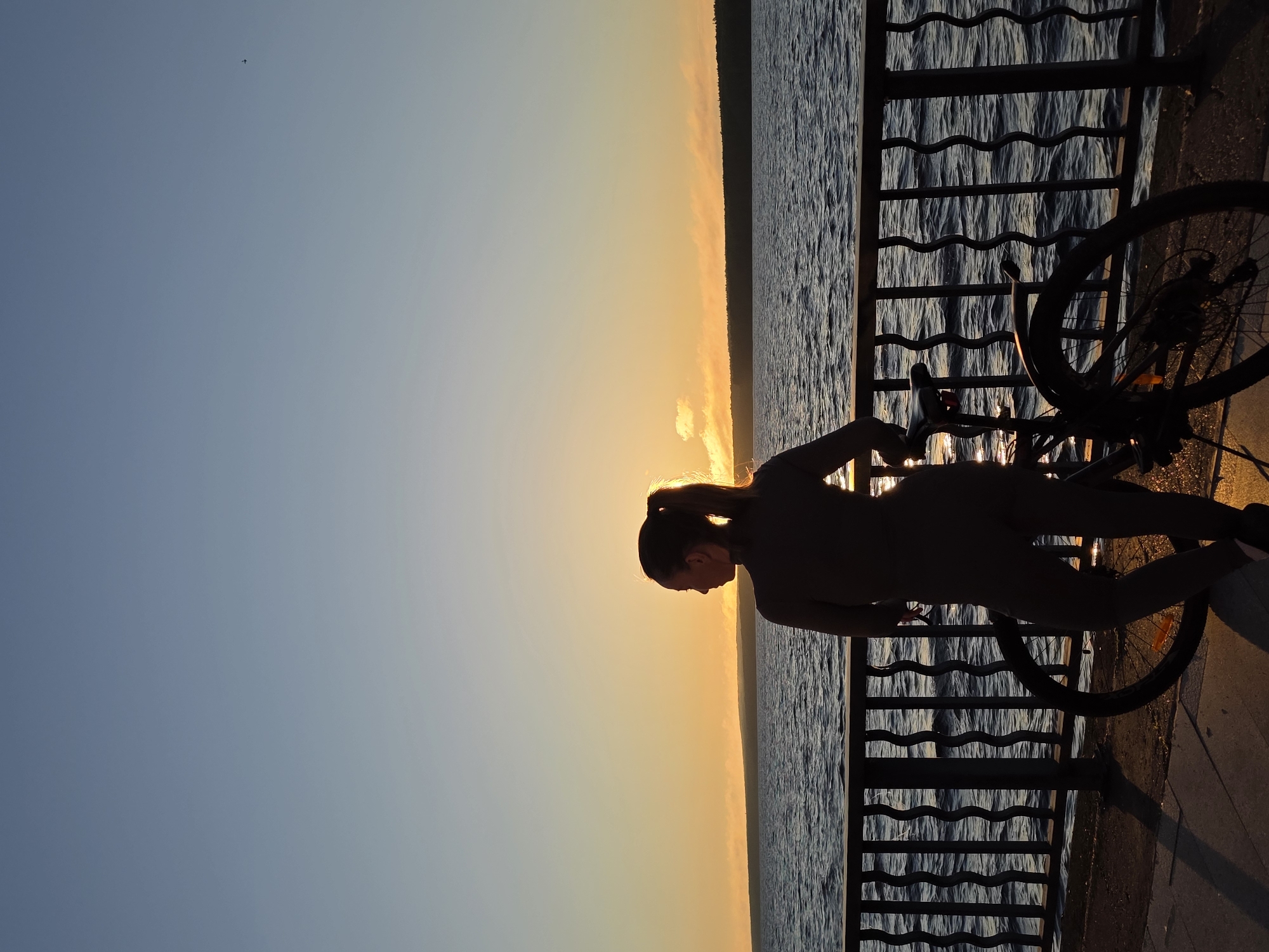 A silhouette of a woman with her hair in a ponytail stands beside a bicycle on a paved walkway next to a body of water. She is facing away from the camera, looking towards the sunset. The water is dark and rippled, reflecting the warm colors of the sky. A black metal railing separates the walkway from the water. In the distance, a dark line of trees marks the far shore. The sky is a gradient of blue and orange, indicating it is either sunrise or sunset. A small bird is visible in the upper right portion of the sky. The scene appears to be located on the embankment of the Kama River in Chaikovsky, Russia, commonly known as the Chaikovsky embankment or embankment of the Kama River.