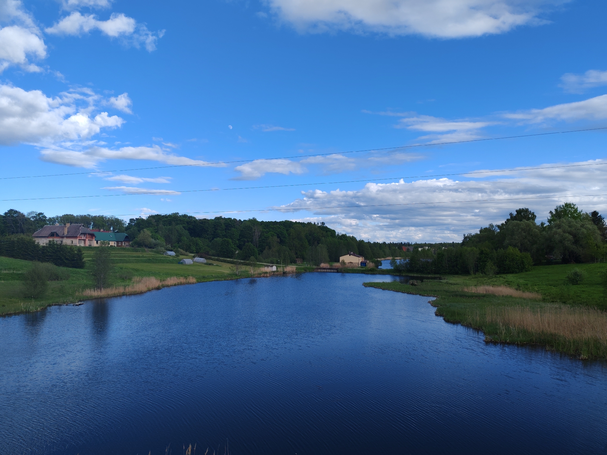 The image depicts a serene landscape with a body of water, likely a river or lake, dominating the foreground. The water is dark blue, reflecting the sky, and has gentle ripples on its surface.
On the left side of the body of water, there is a grassy bank leading up to a small cluster of buildings, including a house with a brown roof and cream-colored walls. There are also some greenhouse-like structures present.
Across the water on the right side, there is a more natural shoreline with vegetation and tall grasses. Behind the shoreline is a dense forest.
The sky is blue with scattered white clouds. There are also power lines strung across the upper part of the frame.
The scene is peaceful and rural, with no people visible. There is no indication of the city.