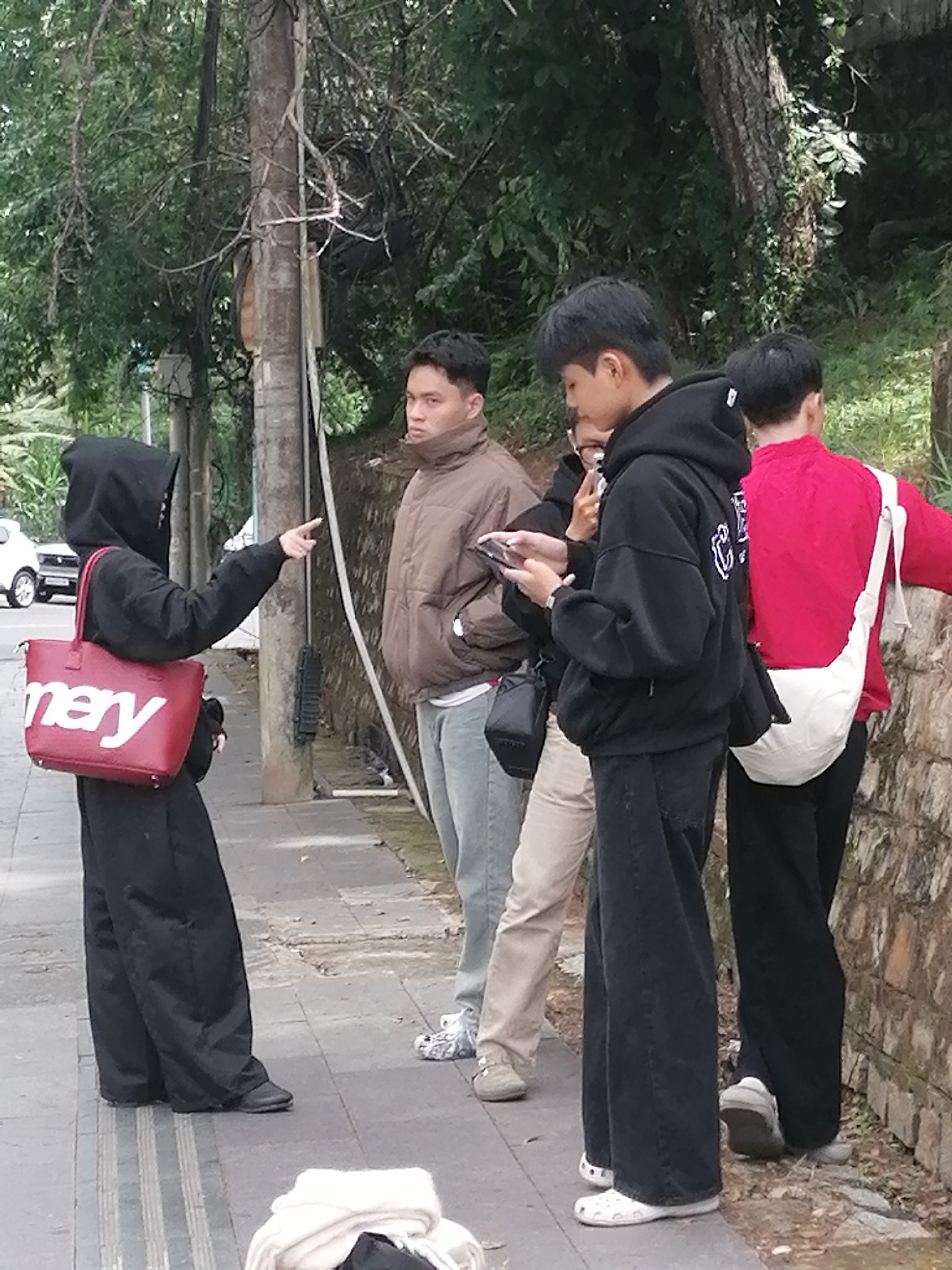 The image depicts a street scene in Da Lat, Vietnam, with a group of four individuals standing near a stone wall and a utility pole. The foreground features a person wearing a black hooded outfit and carrying a red tote bag with white lettering. This individual is pointing to their right. To their right, three other people are visible. One person wears a brown puffer jacket and light-colored pants. Another wears a black hoodie and dark pants, holding a phone and a tablet. The furthest person on the right is wearing a bright red jacket and has a white bag slung over their shoulder. The environment includes lush green trees and foliage behind the group, with a paved walkway and a textured stone wall. A white car is partially visible in the background on the left. The overall impression is a casual, everyday moment captured on a street in Da Lat.