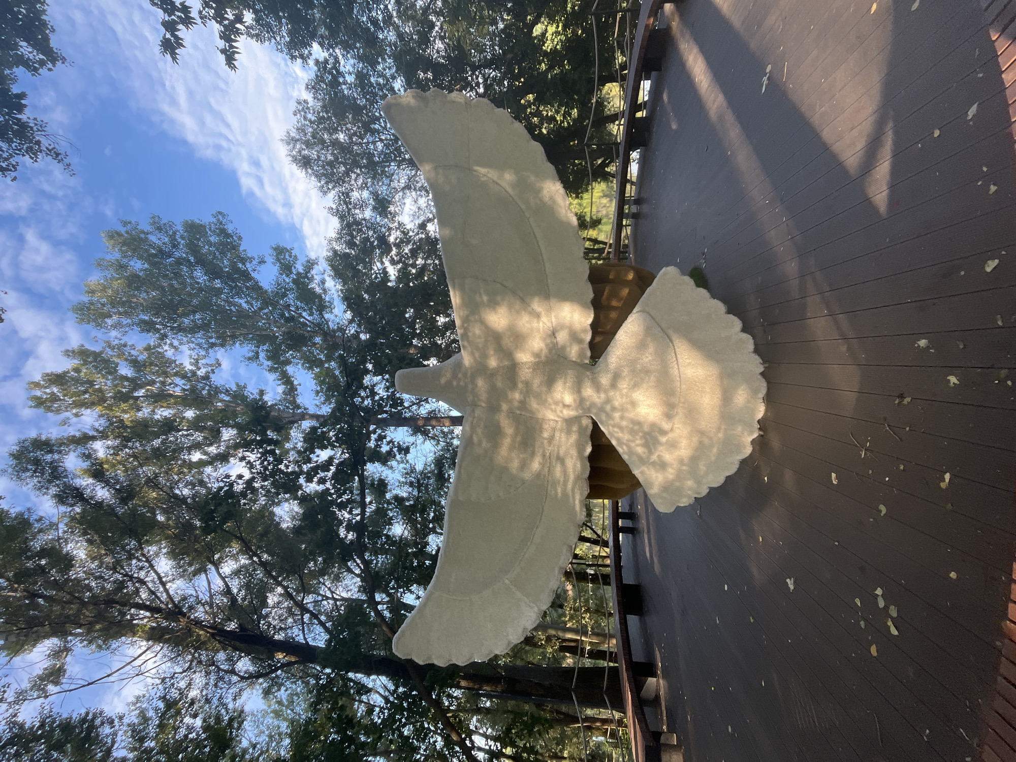 The image shows a large, light-colored sculpture of a bird with outstretched wings, possibly a dove, situated on a wooden platform. The sculpture appears to be made of a soft, textured material, possibly fabric or plush. It is centrally located on the platform, which is made of dark wooden planks. Scattered leaves are visible on the platform. Behind the sculpture, a curved wooden bench with rope railings runs along the edge of the platform. In the background, tall trees with green foliage are visible against a blue sky with scattered white clouds. A body of water, likely a river or lake, can be seen beyond the bench and trees, reflecting the light. The lighting suggests it is daytime, with shadows cast by the sculpture and trees across the platform. The scene appears to be an outdoor public space, possibly a park or a waterfront area. Without further information, it is not possible to definitively identify the specific location in the city of Blagoveshchensk, Russia.
