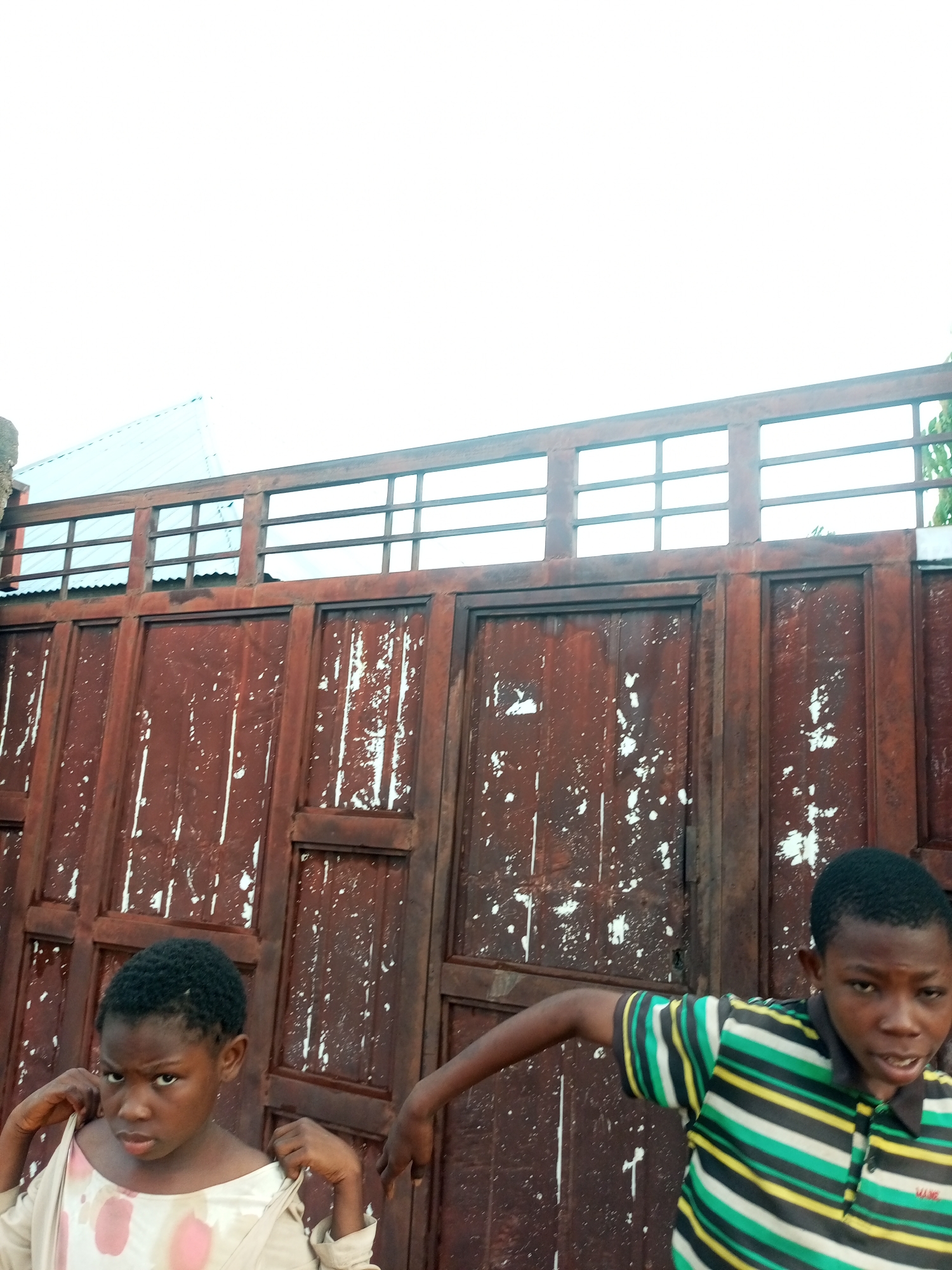 In Tempure, Nigeria, two children stand before a large, weathered metal gate. The gate, painted a rusty brown with white speckles, features multiple vertical panels. A lighter metal roof is visible behind the upper section of the gate. The child on the left, a young girl with dark, short hair, wears a light-colored garment with pink and white splotches. She pulls at the neckline of her clothing with both hands, her gaze directed forward with a serious expression. To her right, a boy in a striped t-shirt, featuring horizontal bands of green, yellow, black, and white, reaches out with his left arm. The background is a pale, bright sky.