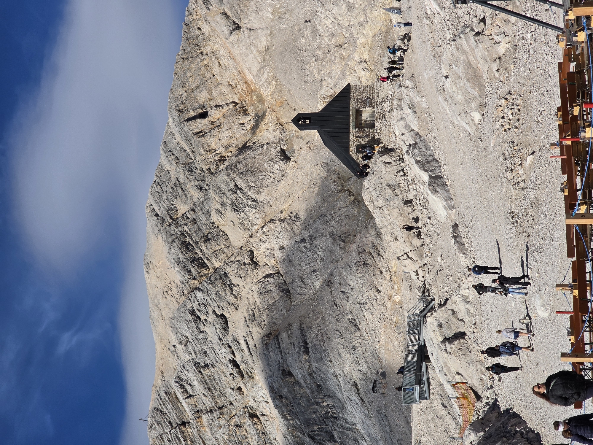 The image depicts the Zugspitze, Germany's highest peak, located near the city of Garmisch-Partenkirchen. In the center of the frame, a small, dark-colored chapel with a bell tower stands on a rocky slope. A group of people are gathered around the chapel and on the surrounding rocky terrain. Some are walking, while others appear to be observing the structure or the landscape. In the background, the massive, rocky expanse of the mountain dominates the scene, with a blue sky with scattered white clouds above. To the left, a metal walkway or observation platform is visible, with more people on it. The ground is covered in loose rocks and gravel. In the foreground, wooden benches and tables suggest an outdoor seating area, possibly part of a restaurant or rest stop. The overall impression is of a popular tourist destination in a rugged mountain environment.