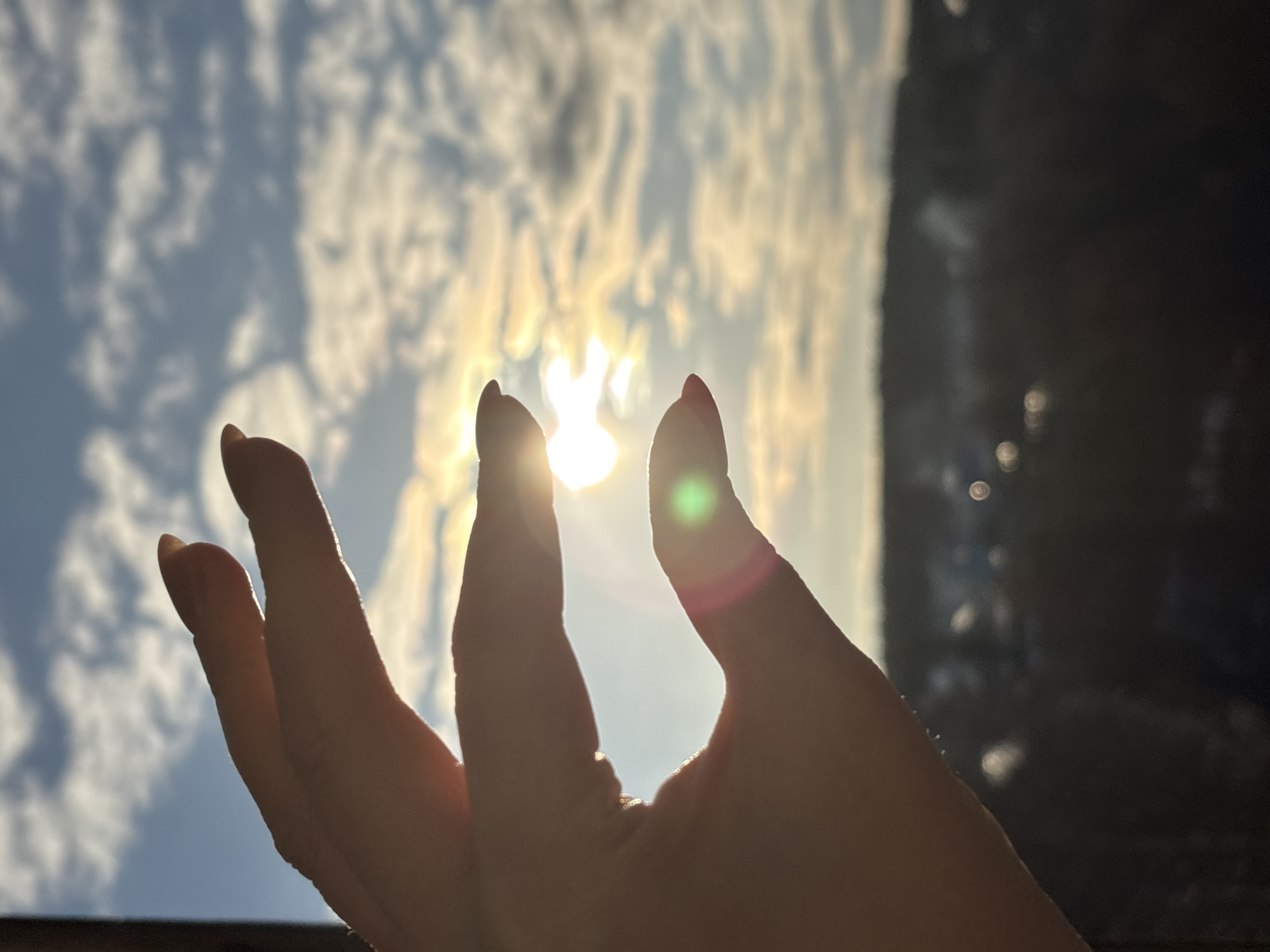 Here's a detailed description of the image:
**Scene:**
The image captures a hand reaching towards a bright, diffused sunlight breaking through clouds. The hand is silhouetted against the sky, with the fingers slightly spread. There's a lens flare effect with a green and red tinge around the point where the sun shines through the fingertips. The background consists of a blurred combination of sky, clouds, and what appears to be dark structures or trees in the distance to the right, with some bokeh effect on the right. The lower part of the frame shows what appears to be the edge of a building or other horizontal structure.
**Environment:**
The environment appears to be outdoors with an overcast sky where the sun shines between the clouds. The sky and clouds are of varied colors, including blue and white.
**Location:**
It is difficult to verify the exact location in Chaikovsky, Russia using only the information in the image. There aren't any specific landmarks or clues in the photograph to narrow down the location within the city.