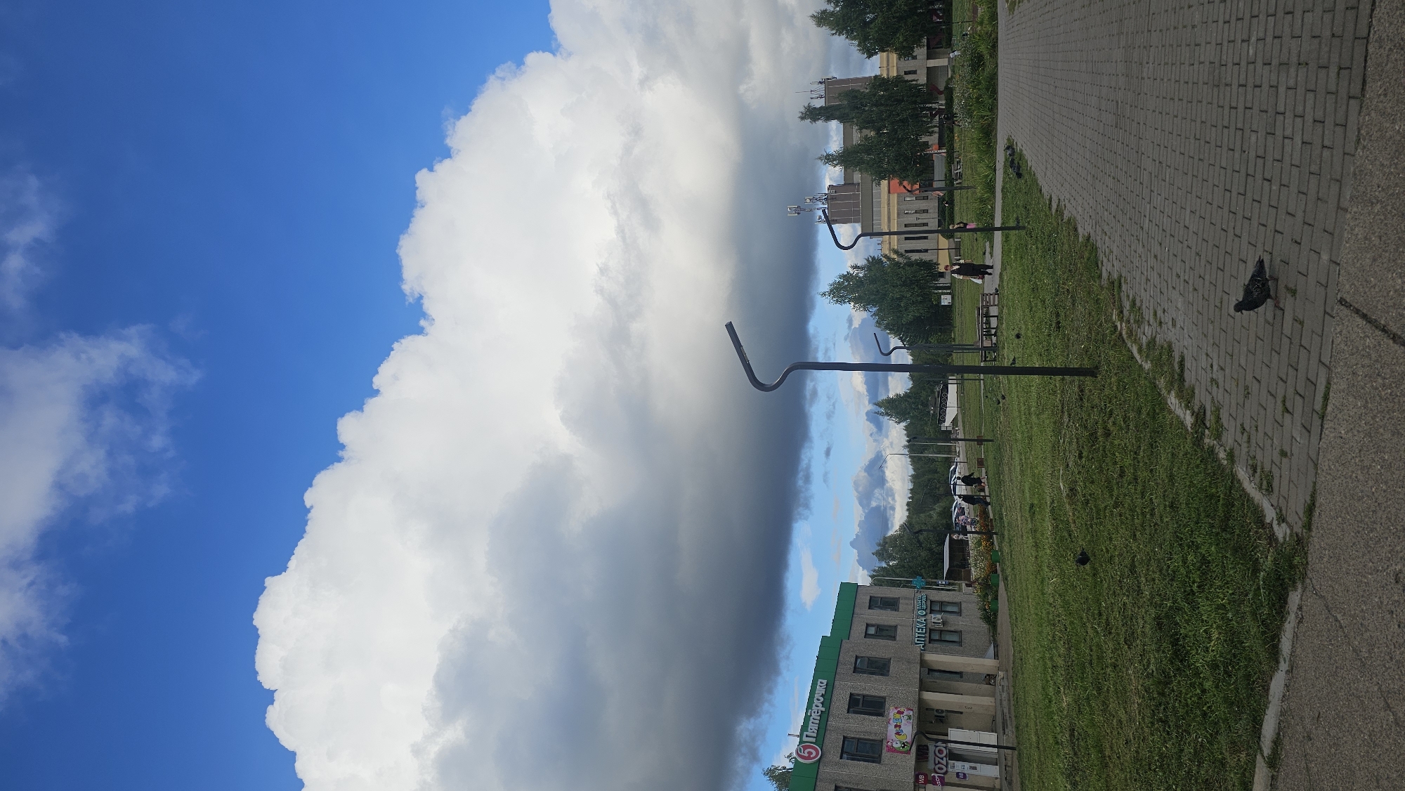 The image depicts an outdoor scene with a large, dynamic sky featuring a mix of bright white and dark gray clouds against a vibrant blue sky. In the foreground, a paved walkway made of interlocking gray bricks extends from the bottom right corner of the frame. To the left of the walkway is a grassy area with scattered pigeons. A few people are visible walking and standing in the mid-ground on the walkway and in the grass. On the left side of the mid-ground, a building with a green facade and the text "Пятёрочка" is present, along with signage for "АПТЕКА". Further in the background, trees line the horizon, and larger buildings, possibly with towers, are visible. A lamppost with a curved arm is prominently positioned in the mid-ground. The overall environment appears to be a public space within a town or city, likely a pedestrian area adjacent to commercial and residential buildings, with a park-like setting. The location is identified as Markovsky, Russia.