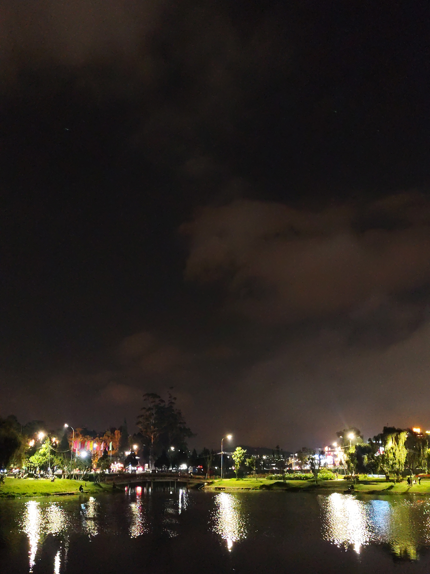 Captured at night, this image presents a view of Xuan Huong Lake in Da Lat, Vietnam. The lake occupies the lower portion of the frame, with its surface reflecting the city lights. Along the lake's edge, a green grassy area is visible, dotted with trees. Street lamps illuminate the area and trees, creating light reflections on the water. Further back, buildings and structures are discernible, and small groups of people are on the lake's shore. The sky is dark and cloudy, with occasional stars visible.