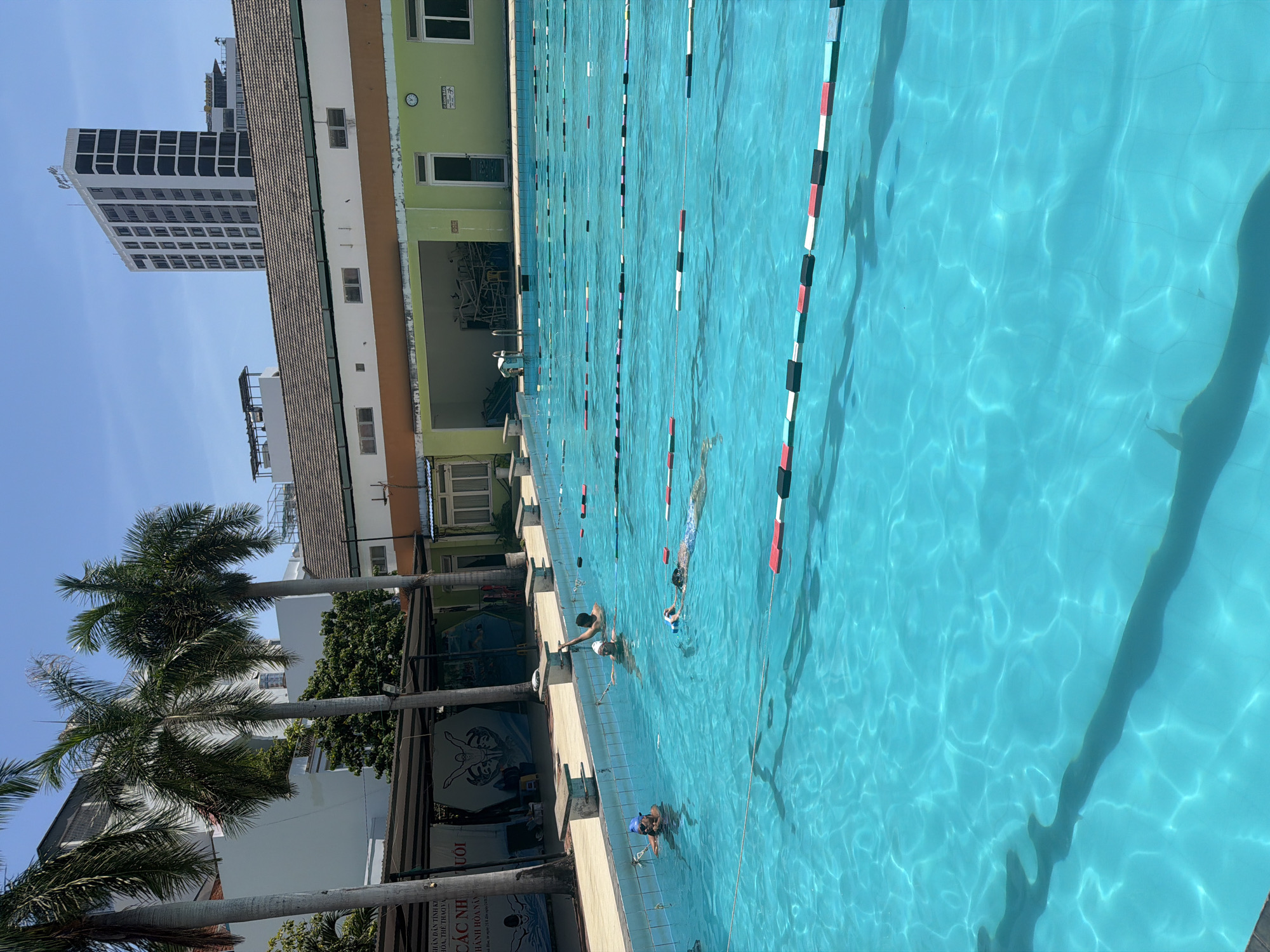 This is an outdoor photograph of a swimming pool on a clear, sunny day. The pool is filled with bright blue water and has lane ropes marked with alternating black and red buoys. Several people are visible swimming and playing in the pool. Some are swimming laps, while others are splashing around. The pool is adjacent to a building with a green and white facade, and a tall, modern building with many windows is visible in the background. Palm trees line the edge of the pool area. Some signage with Vietnamese text is visible on the building. The scene suggests a recreational activity taking place in a warm climate. The overall impression is one of leisure and summer fun.
The visible text is in Vietnamese and appears to be related to a government or administrative department, possibly concerning sports and tourism. The phrases "NHÂN DÂN TỈNH KI" (People of KI Province), "HÒA, THỂ THAO VÀ" (Peace, Sports and), and "CÁC NHUỔI" (Various events/activities) suggest a connection to local public services or facilities.