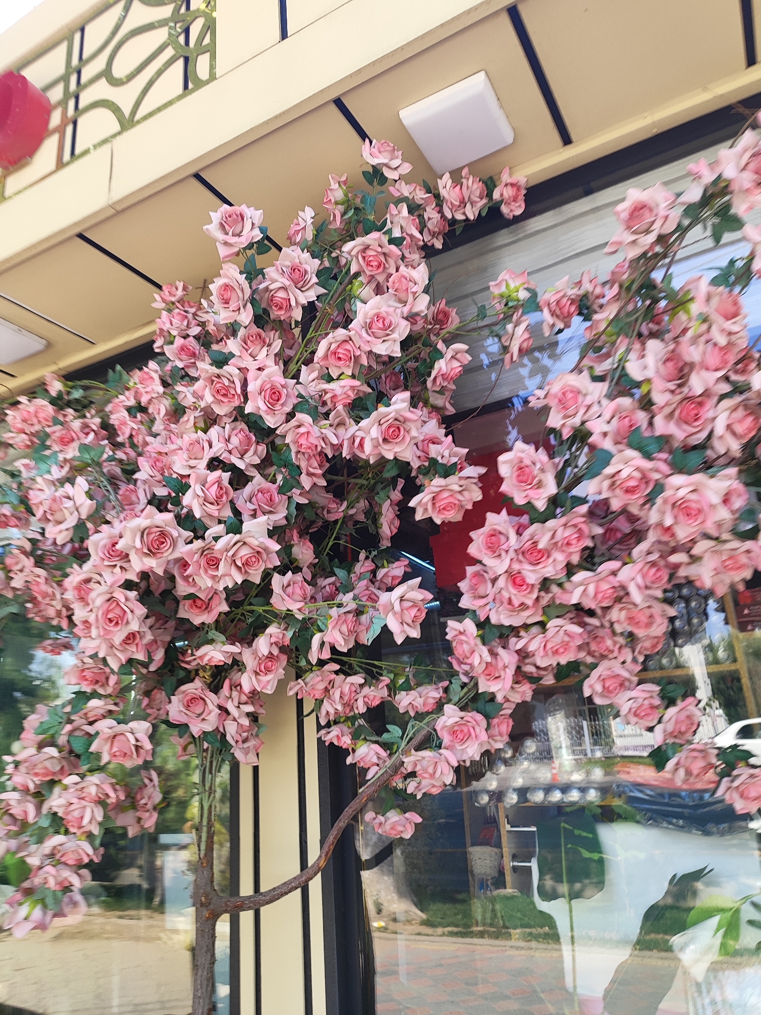 This is a medium-shot, eye-level, vertical photograph of artificial pink roses cascading down from an awning and a storefront in Tursunzoda, Tajikistan. The roses are densely packed and appear to be made of fabric. Some leaves are visible amongst the flowers. The awning above is cream-colored with decorative gold metalwork. A white square light fixture is attached to the awning. Below the awning, there is a storefront with large glass windows that reflect the outside environment. The reflections show trees, a street, and what appears to be a parked white car. A dark brown, branch-like structure supports some of the roses and extends from the bottom left of the frame. The overall impression is one of decorative floral arrangement outside a commercial establishment.