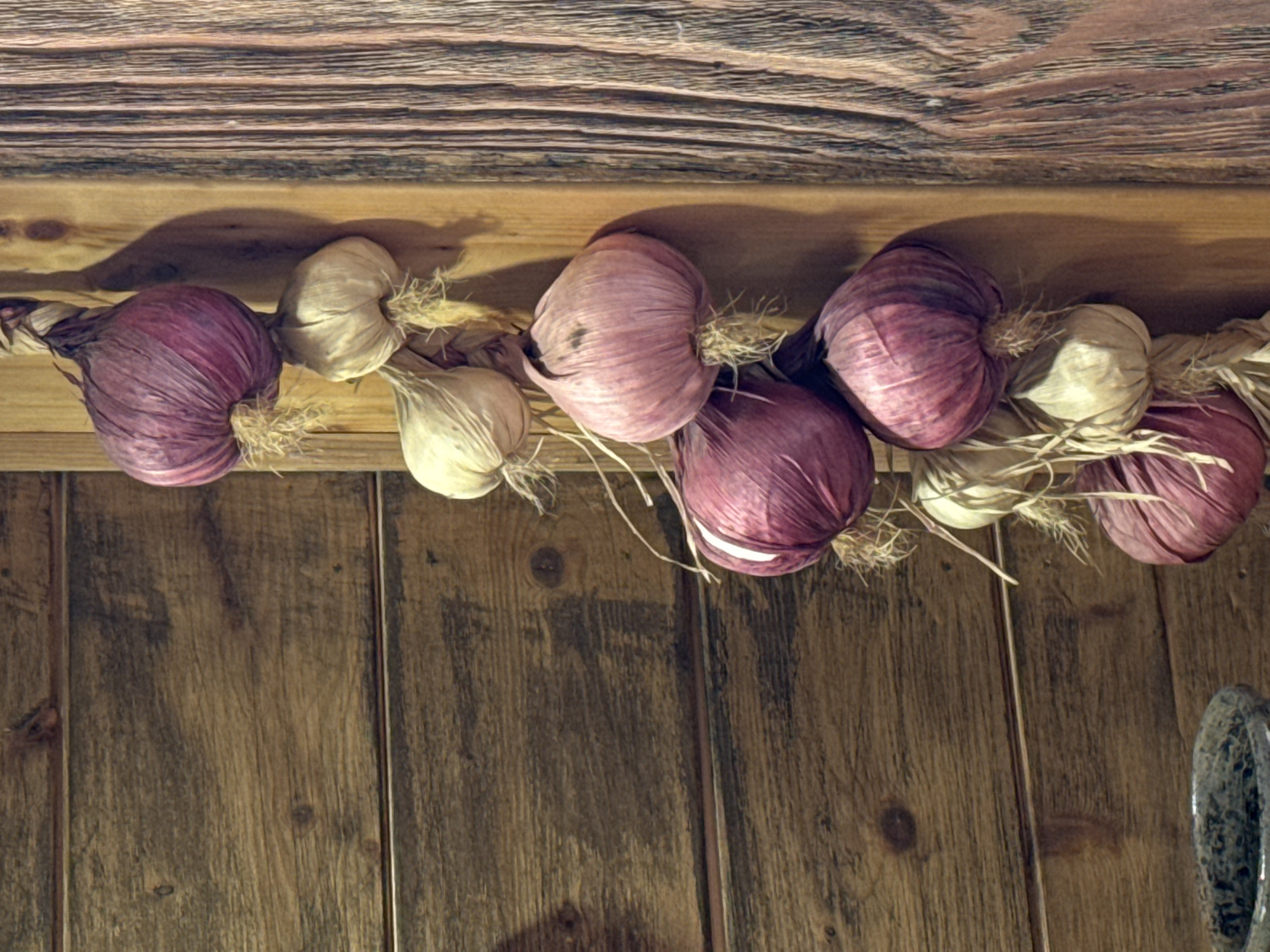The image depicts a string of garlic bulbs hanging against a wooden background. There are both purple and white garlic bulbs, interspersed along the string. The garlic bulbs are tied together with natural-colored twine or fiber. The background consists of two different wooden surfaces: a horizontally oriented section above and a vertically oriented section below. The horizontal section has a distinct wood grain pattern, while the vertical section features a more subtle wood grain. The location is Unknown, Unknown.