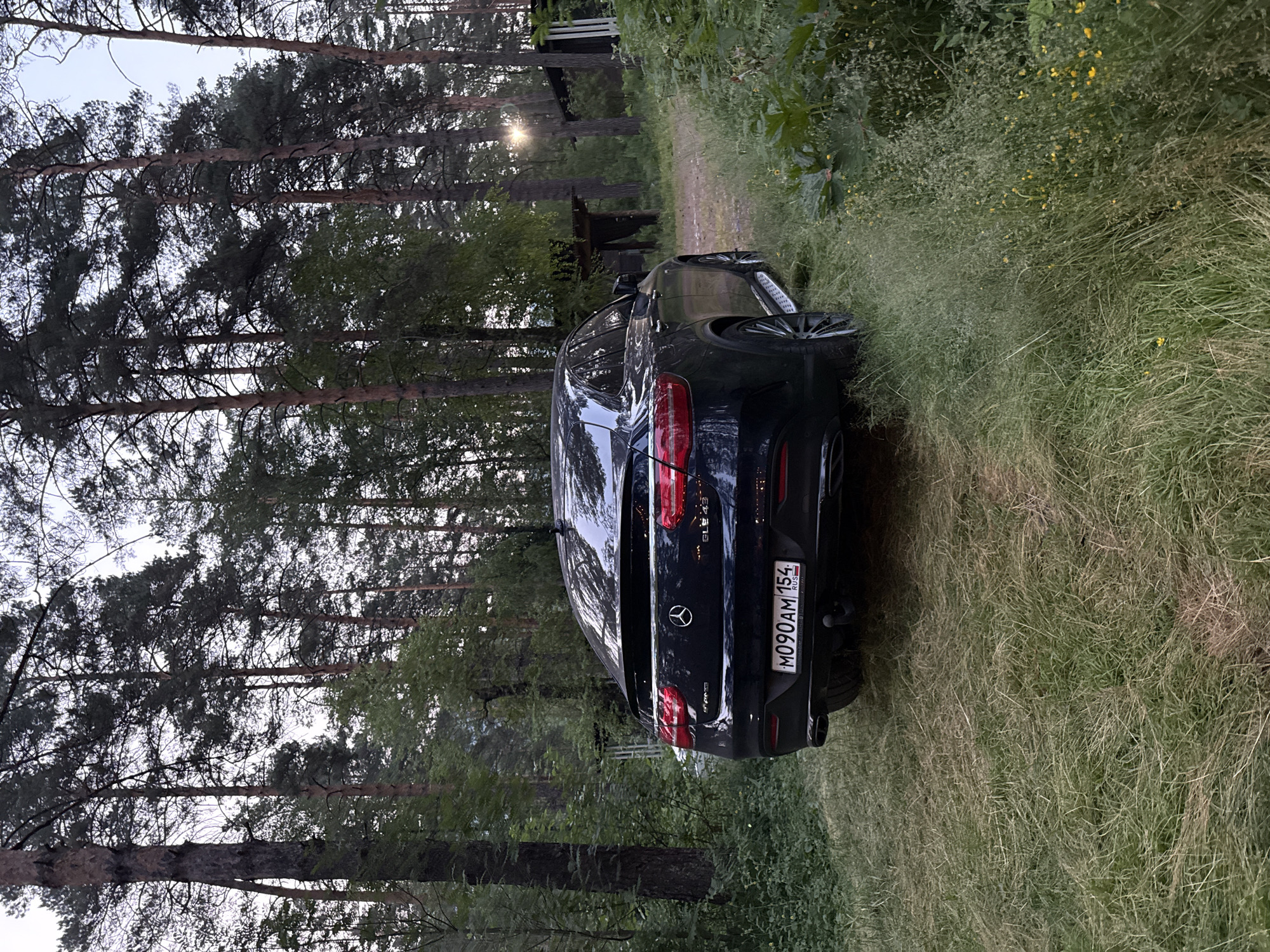 A black Mercedes-Benz GLE 43 coupe is parked on a grassy, unpaved road in a pine forest. The car's license plate reads M090AM 154. The sun is setting, casting a warm glow through the trees. Two small wooden structures, possibly sheds or outbuildings, are visible in the background. The scene appears to be located in or near Cheposh, Russia, as indicated by the license plate and the surrounding natural environment. There are no people visible in the image.